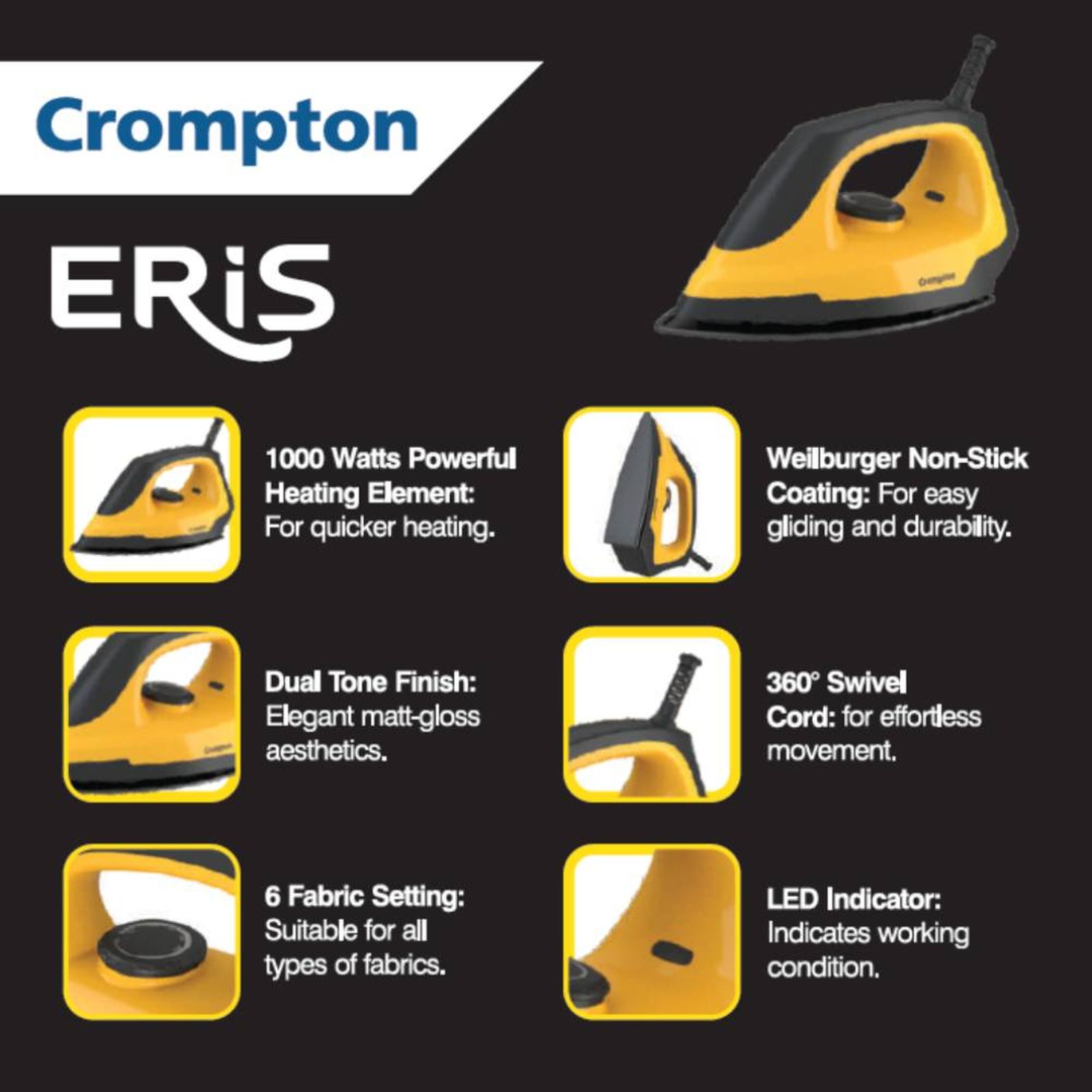 Crompton Eris 1000 Watts Dry Iron (6 Fabric Settings, Yellow & Black)_2