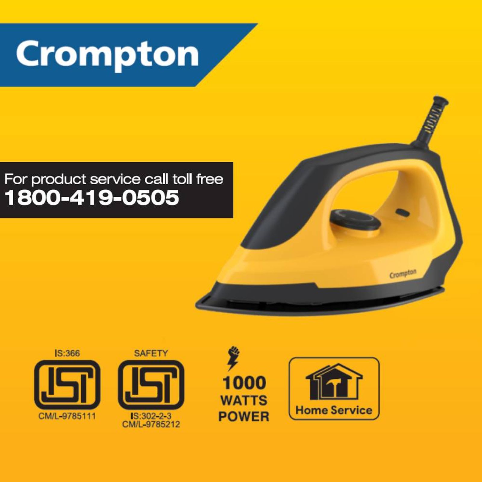 Crompton Eris 1000 Watts Dry Iron (6 Fabric Settings, Yellow & Black)_3