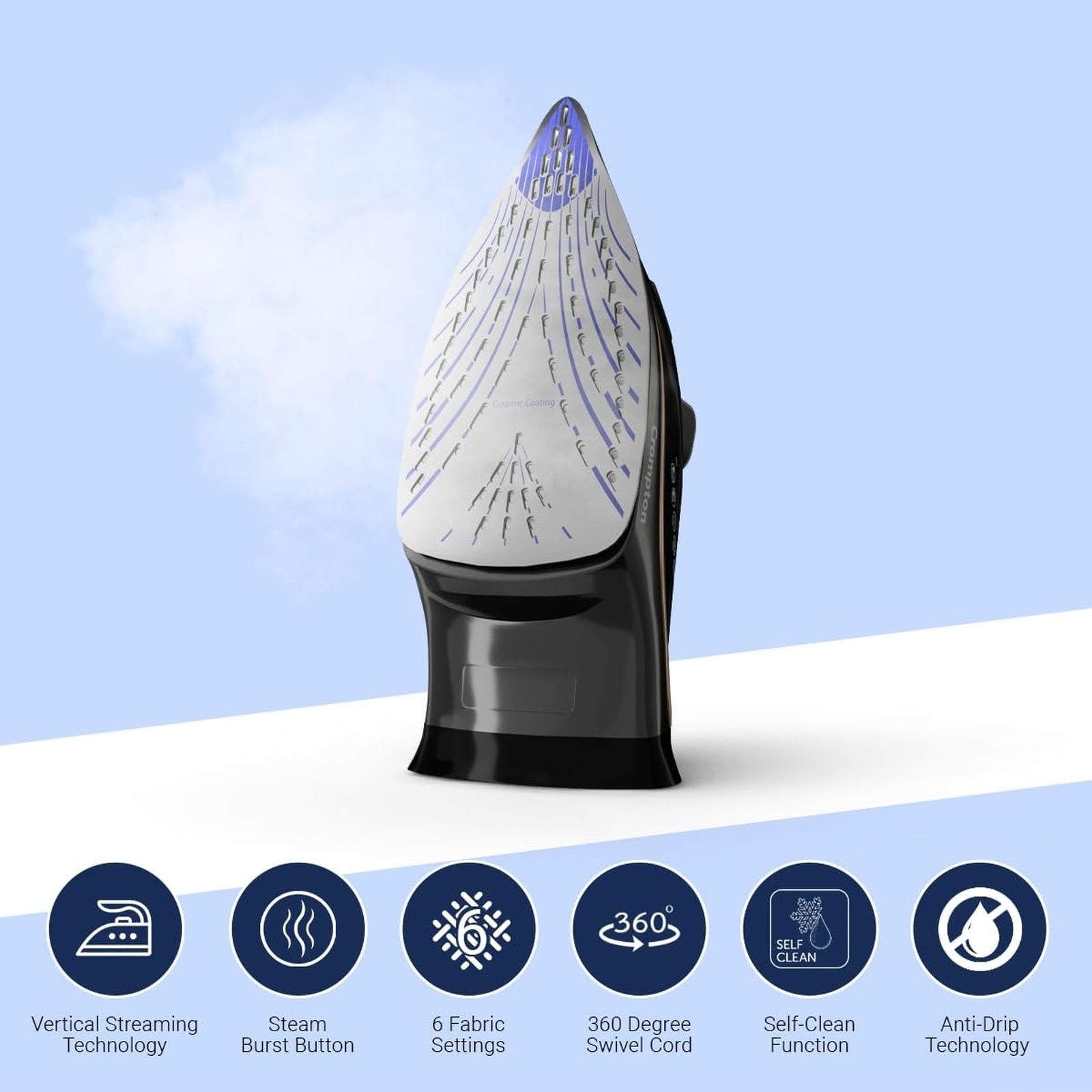 Crompton Fabrigenius 2000 Watts 380ml Steam Iron (6 Fabric Settings, Black)_2