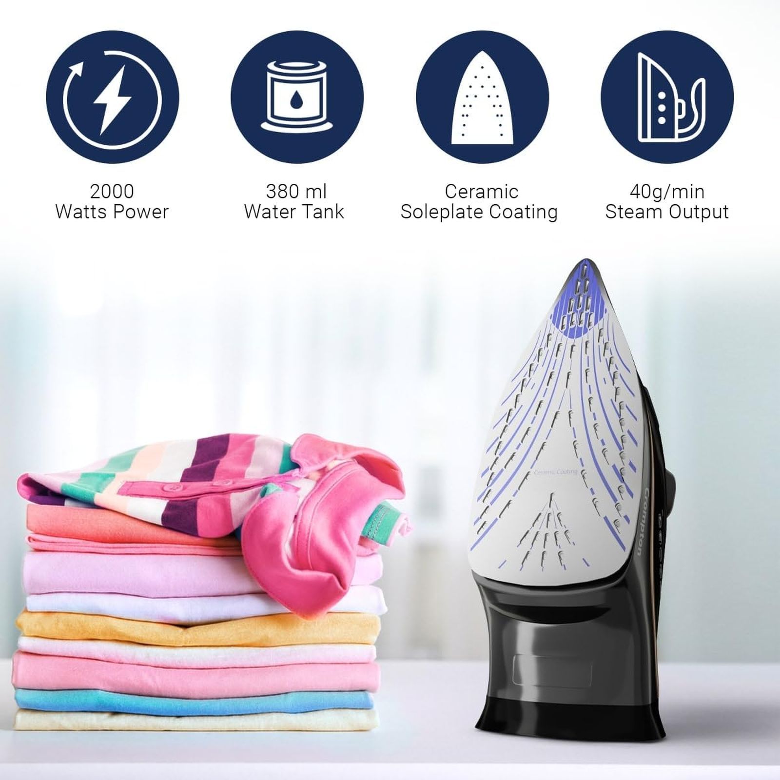 Crompton Fabrigenius 2000 Watts 380ml Steam Iron (6 Fabric Settings, Black)_3