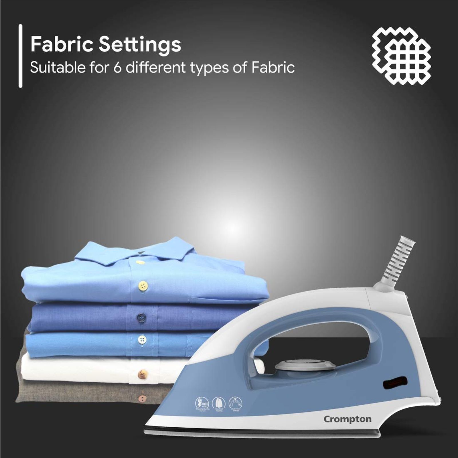 Crompton Brio 1000 Watts Dry Iron (6 Fabric Settings, Sky Blue & White)_5