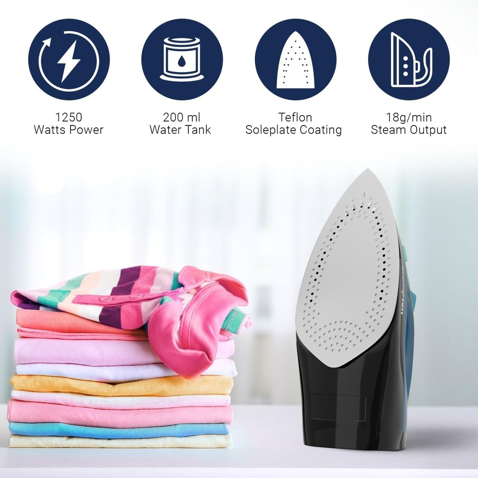 Crompton FabrimaX Plus 1250 Watts 200ml Steam Iron (6 Fabric Settings, Black & Blue) Crompton FabrimaX Plus 1250 Watts 200ml Steam Iron (6 Fabric Settings, Black & Blue)_4