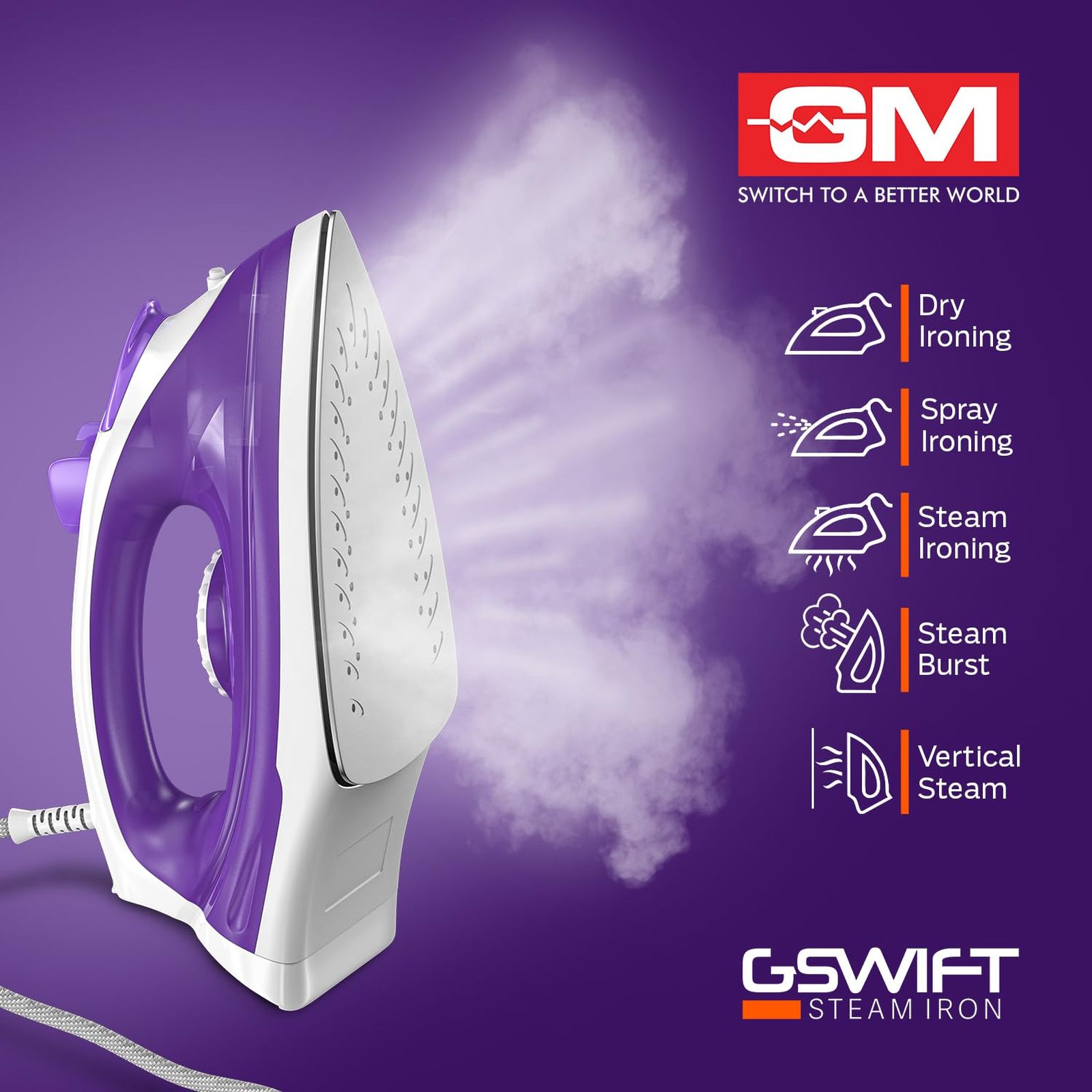 GM G-Swift 1250 Watts 160ml Steam Iron (360 Degree Swivel Cord, Purple)_4