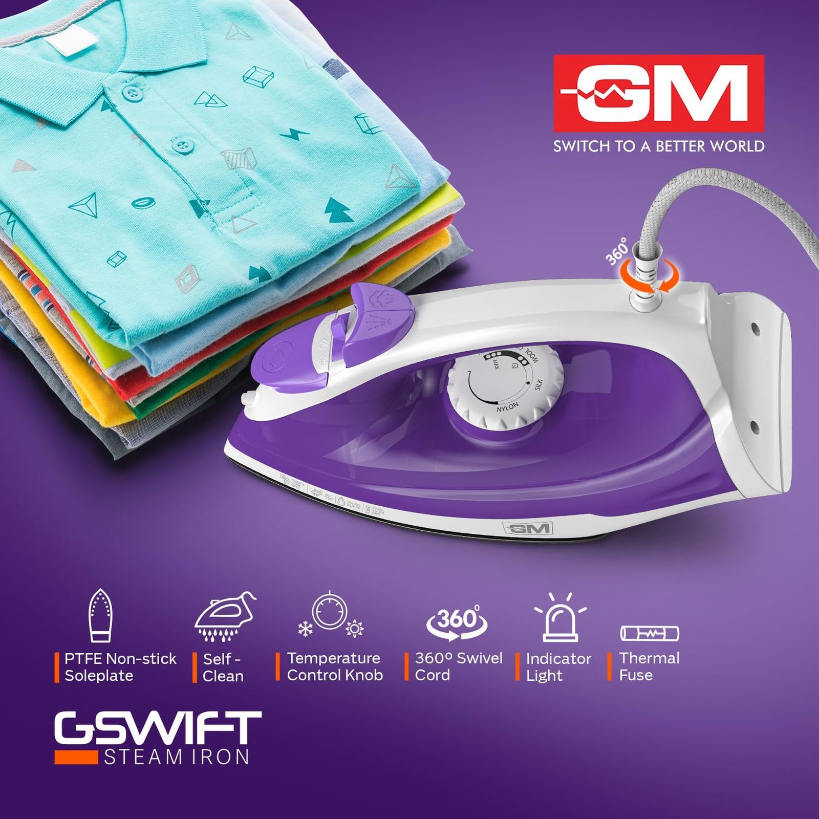 GM G-Swift 1250 Watts 160ml Steam Iron (360 Degree Swivel Cord, Purple)_5