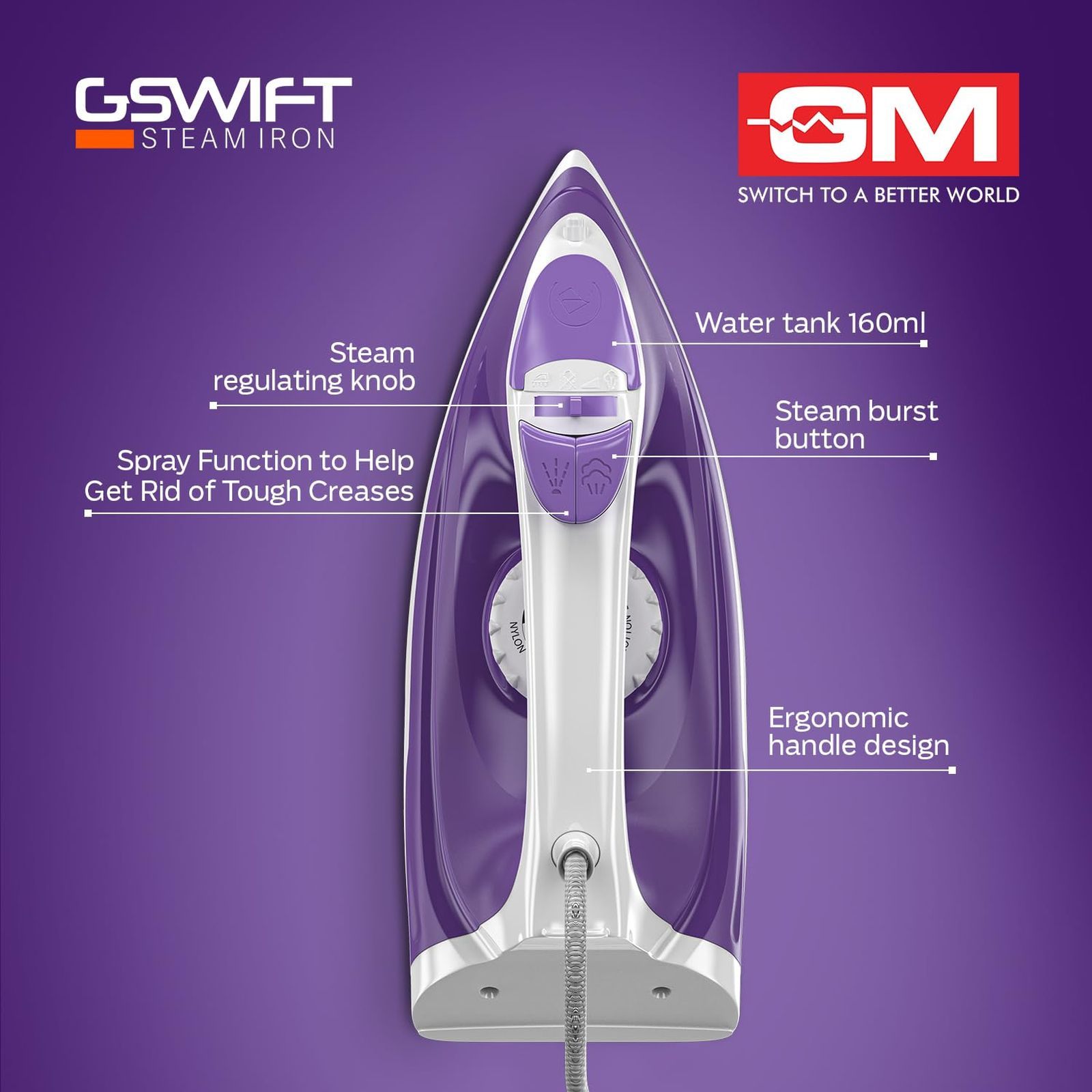 GM G-Swift 1250 Watts 160ml Steam Iron (360 Degree Swivel Cord, Purple)_3