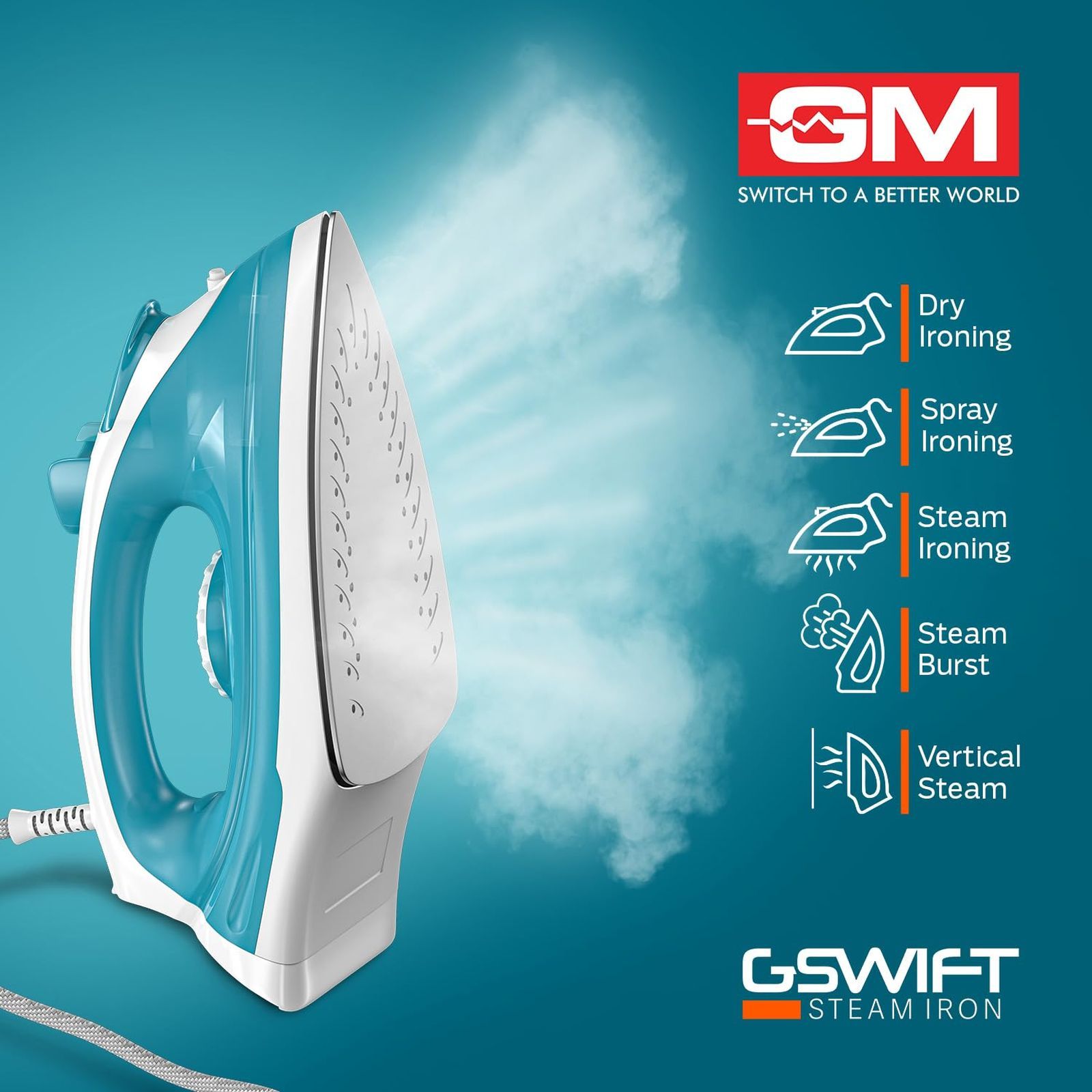 GM G-Swift 1250 Watts 160ml Steam Iron (Vertical Steam Ironing, Blue)_5