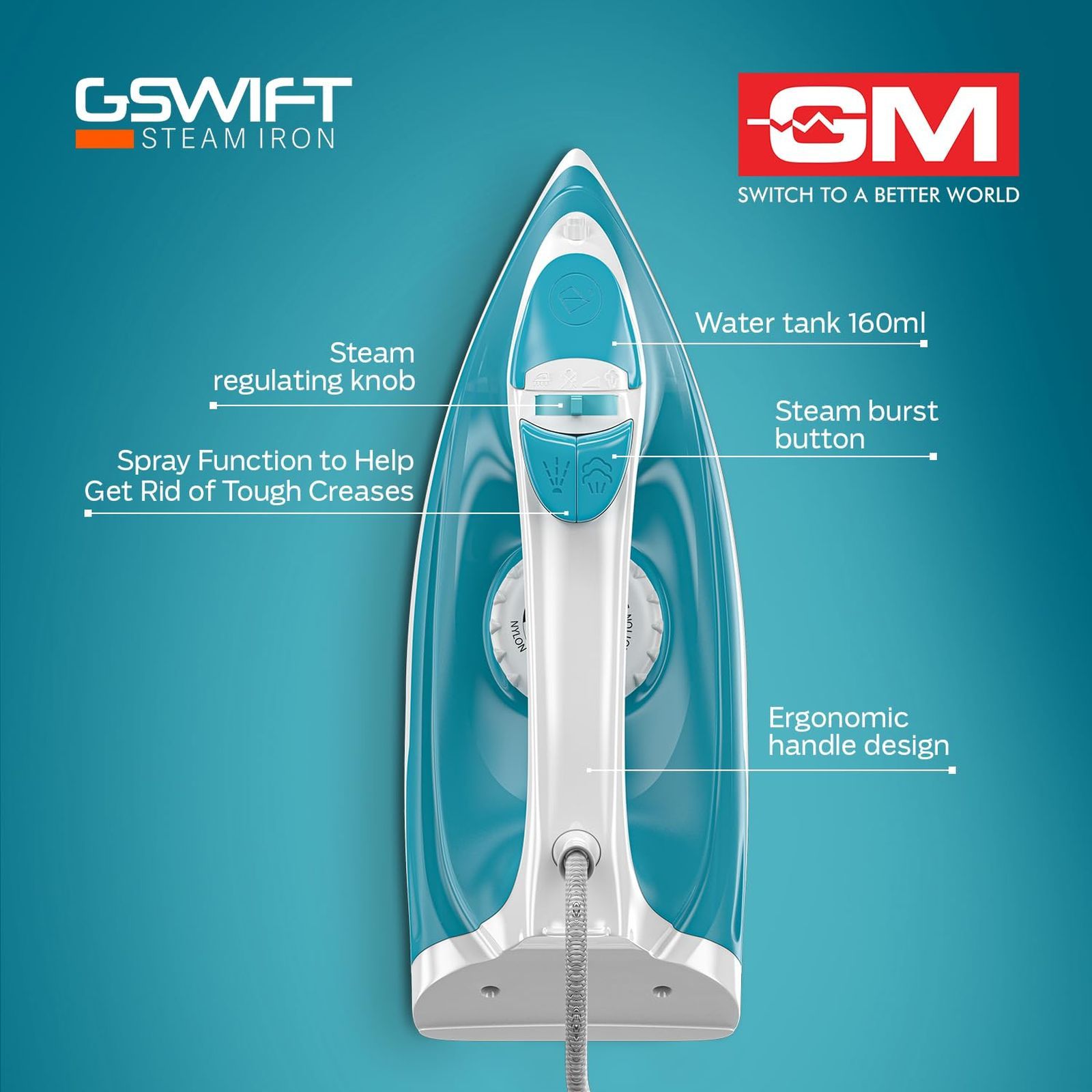 GM G-Swift 1250 Watts 160ml Steam Iron (Vertical Steam Ironing, Blue)_3