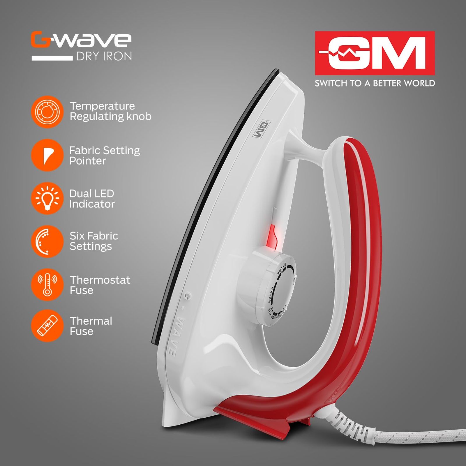 GM Wave 1000 Watts Dry Iron (360 Degree Swivel Cord, Red)_2