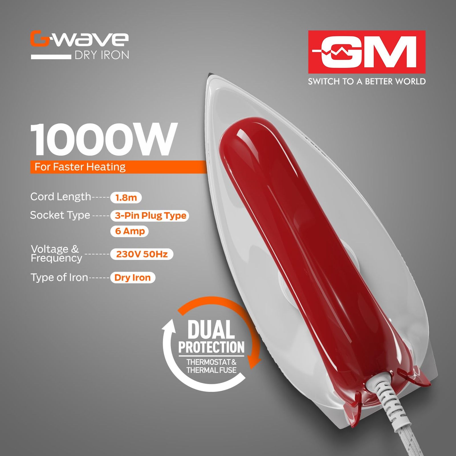 GM Wave 1000 Watts Dry Iron (360 Degree Swivel Cord, Red)_3