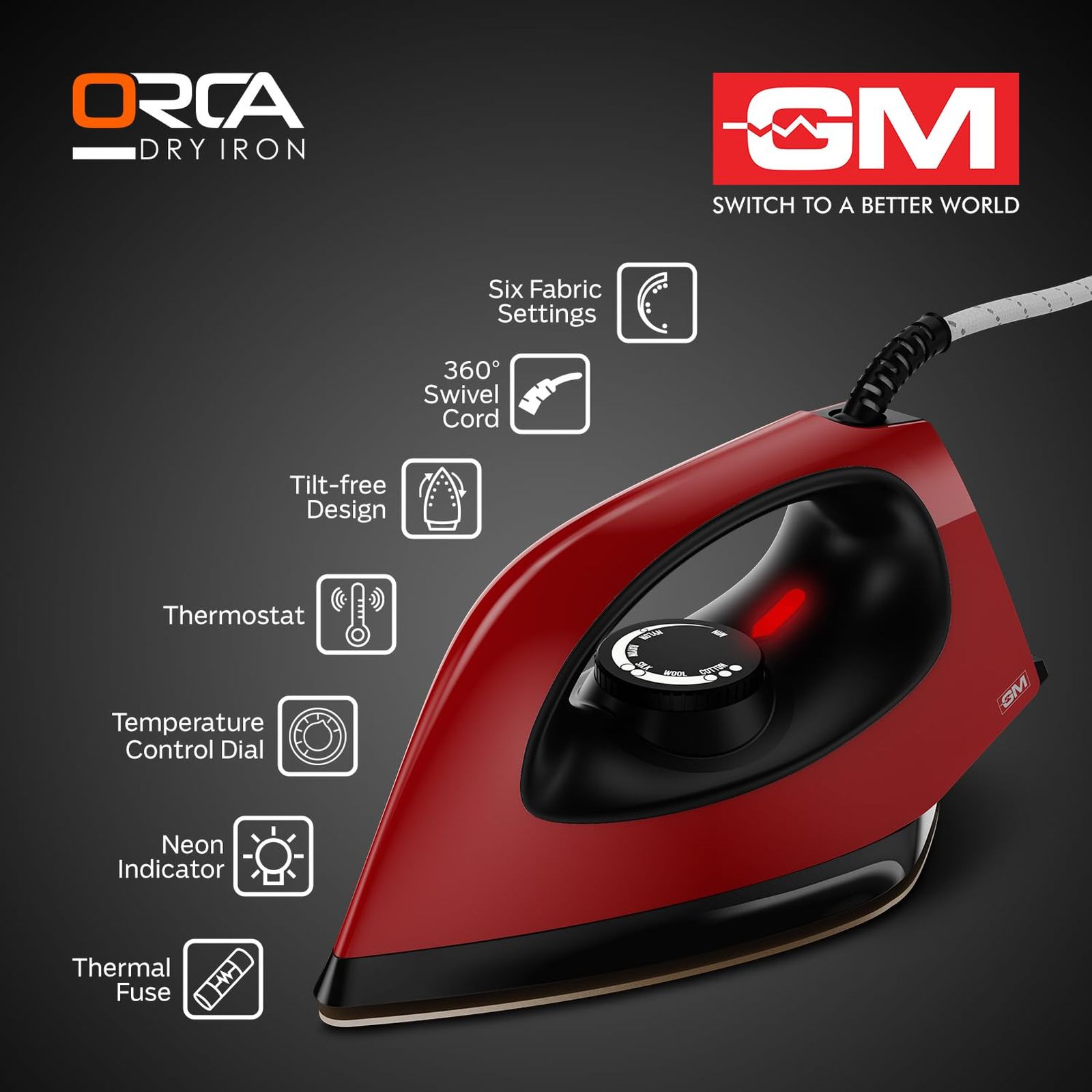 GM Orca 1100 Watts Dry Iron (360 Degree Swivel Cord, Red)_4