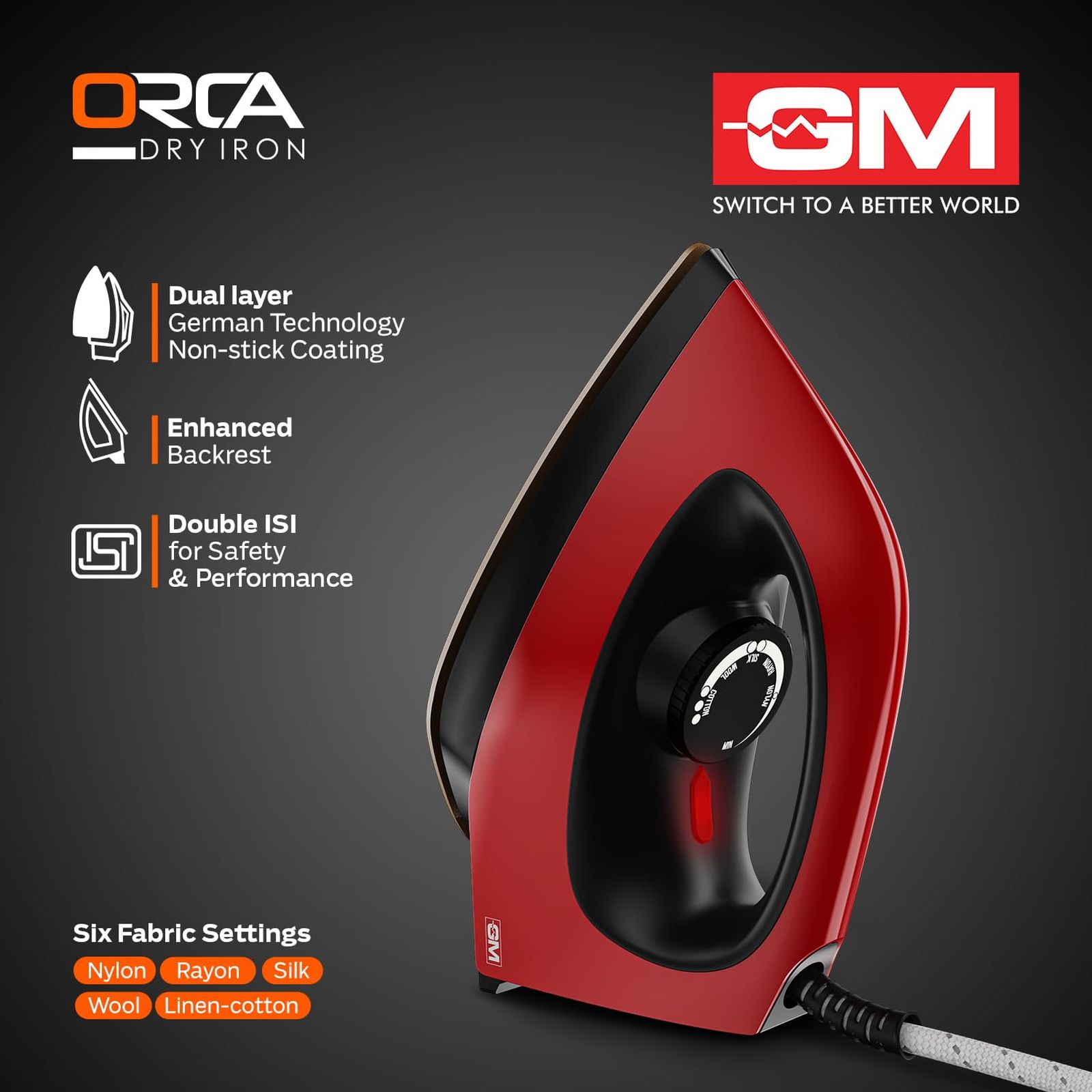 GM Orca 1100 Watts Dry Iron (360 Degree Swivel Cord, Red)_2
