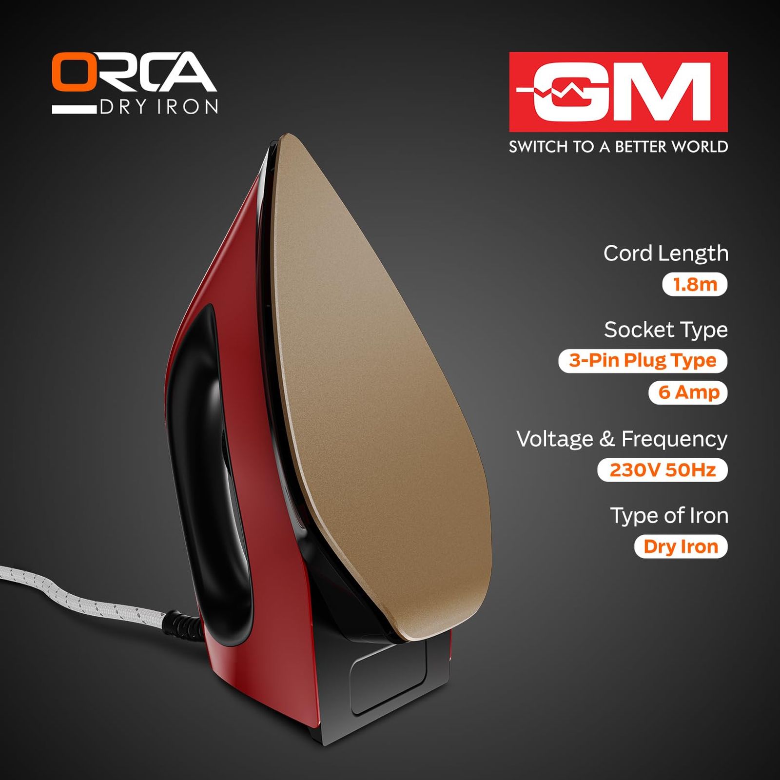 GM Orca 1100 Watts Dry Iron (360 Degree Swivel Cord, Red)_3