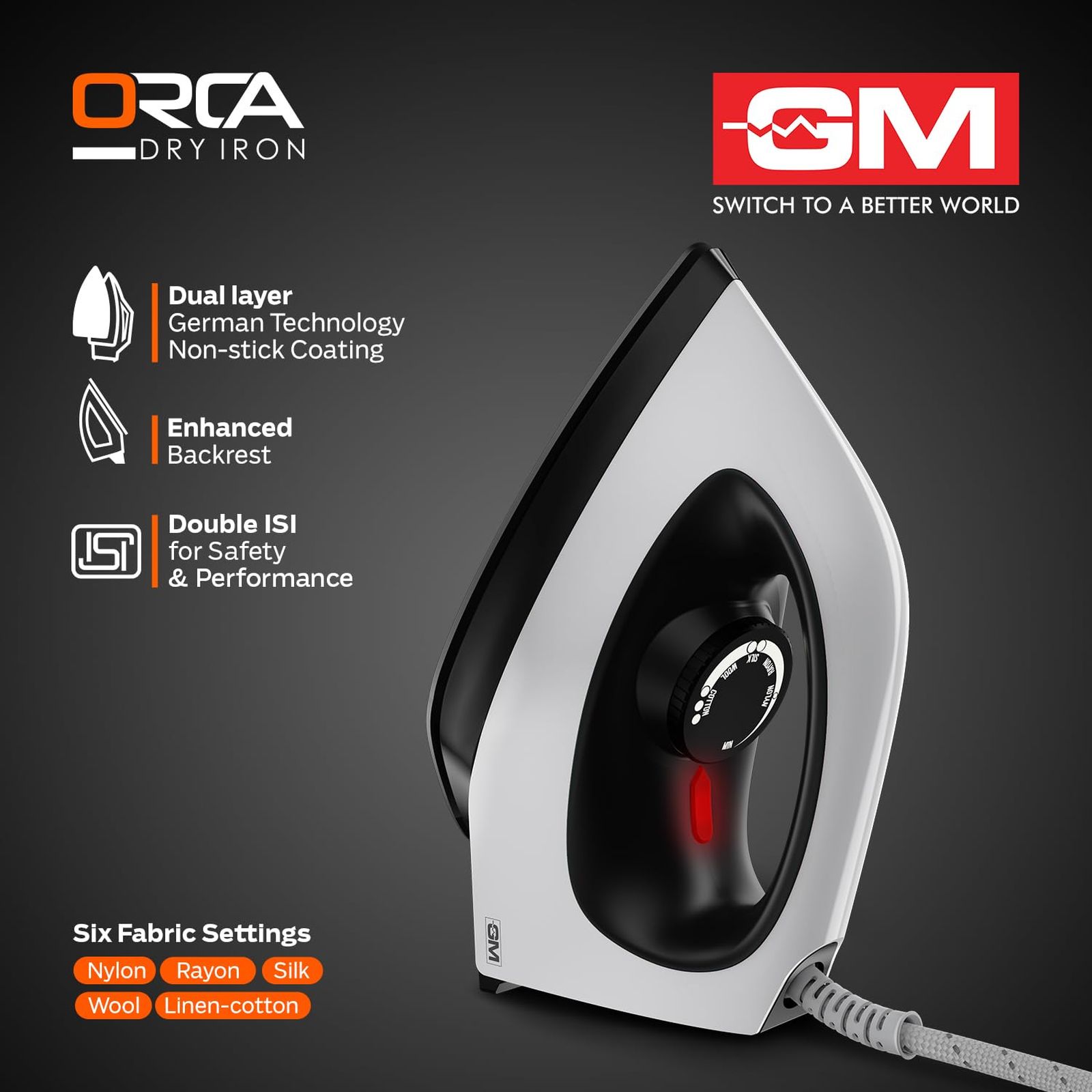 GM Orca 1100 Watts Dry Iron (360 Degree Swivel Cord, White)_4