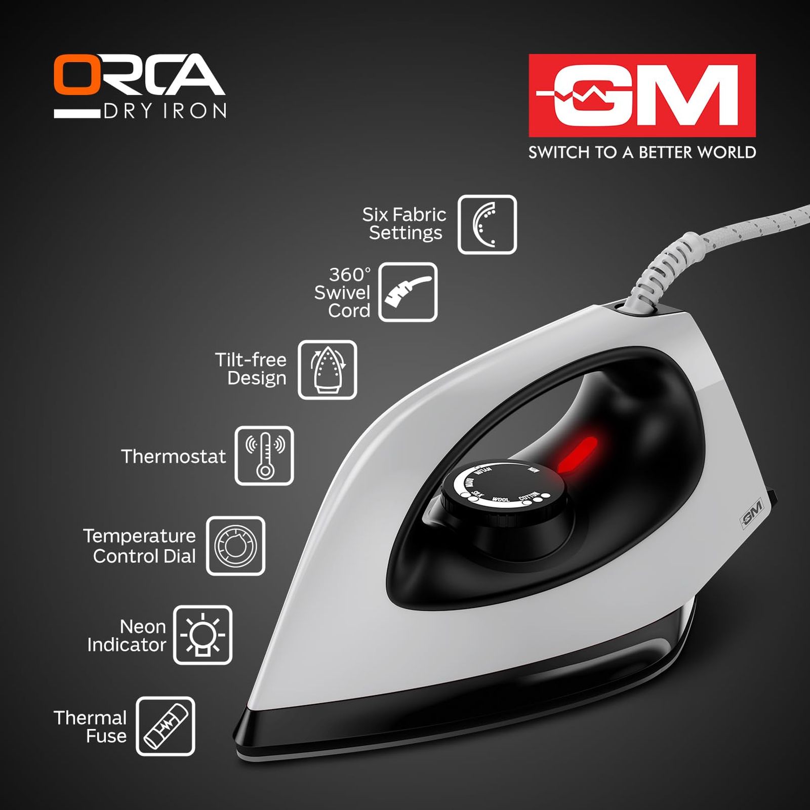 GM Orca 1100 Watts Dry Iron (360 Degree Swivel Cord, White)_2