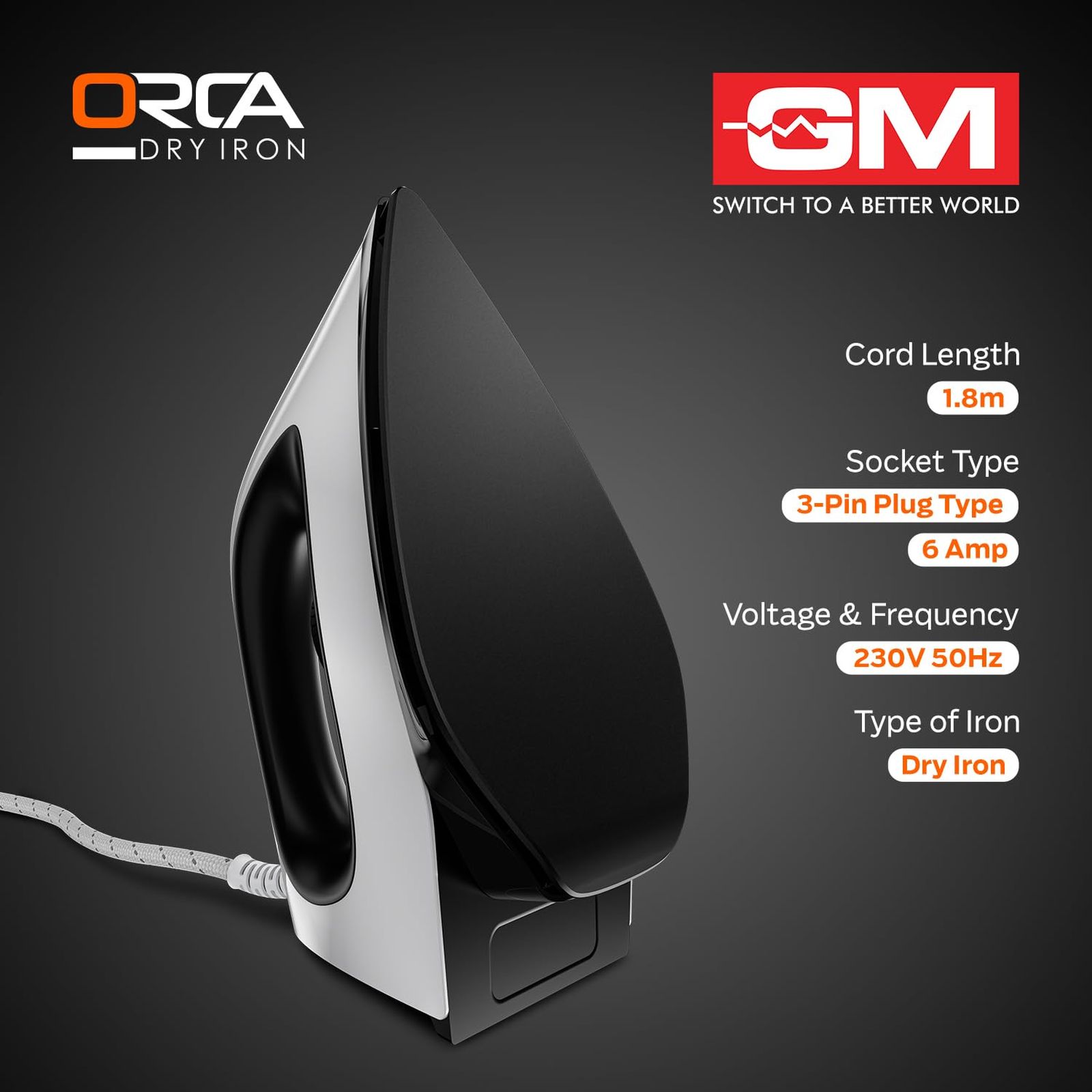 GM Orca 1100 Watts Dry Iron (360 Degree Swivel Cord, White)_3