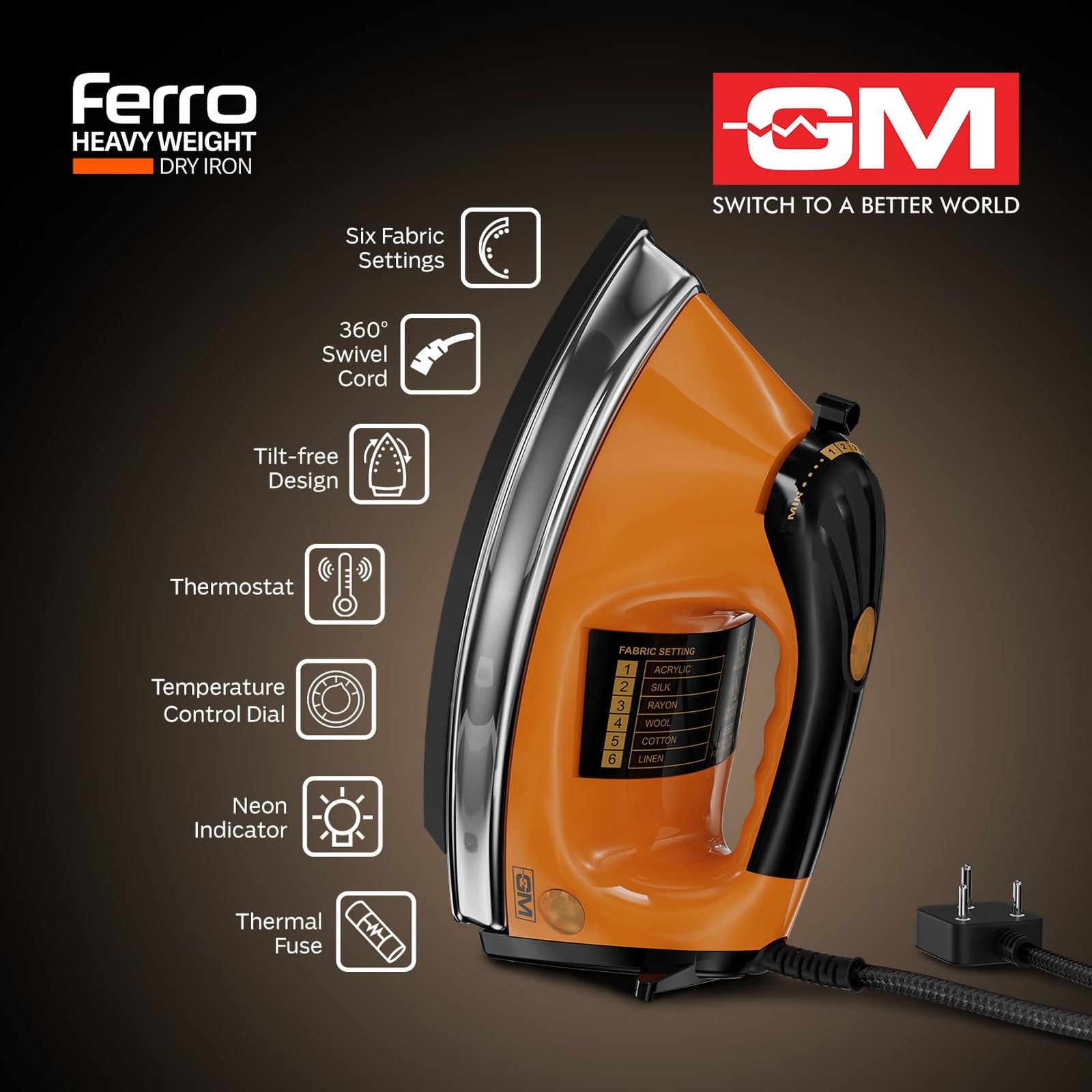GM Ferro 1200 Watts Dry Iron (360-Degree Swivel Cord, Orange)_4
