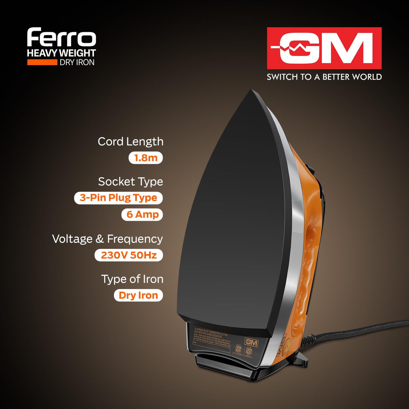 GM Ferro 1200 Watts Dry Iron (360-Degree Swivel Cord, Orange)_2