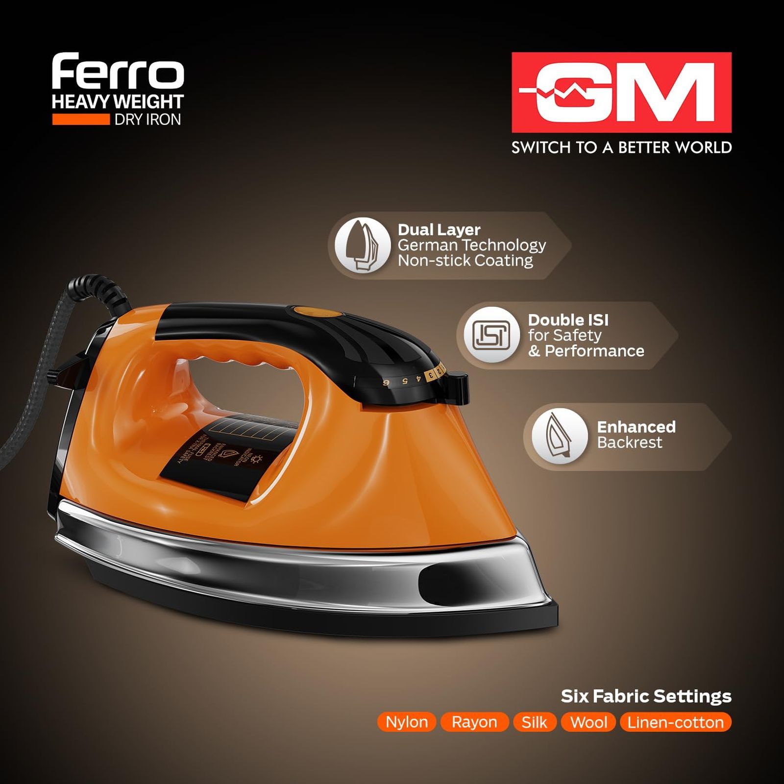 GM Ferro 1200 Watts Dry Iron (360-Degree Swivel Cord, Orange)_3