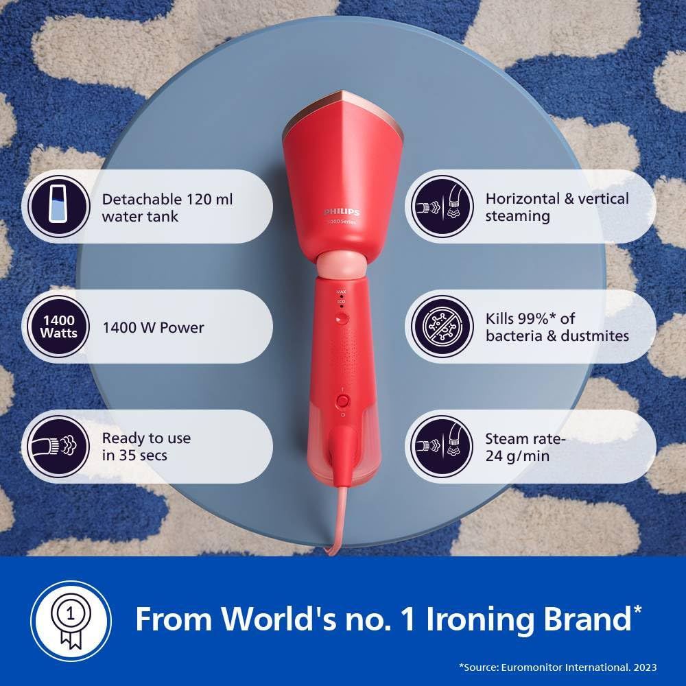 PHILIPS 5000 Series 1400 Watts Handheld Garment Steamer (120ml Water Tank, 2 Modes, Drip Stop, Orange Red)_5