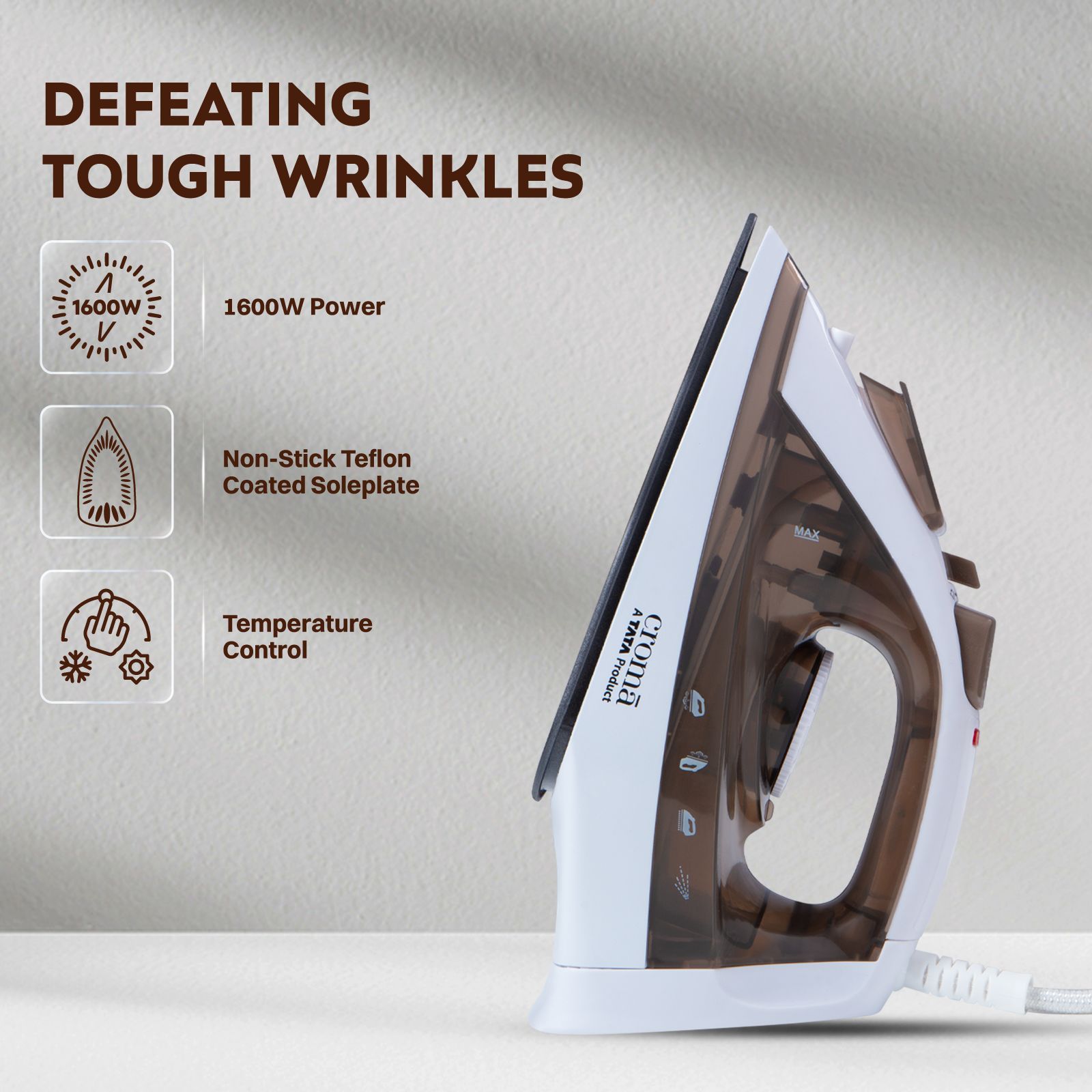 Croma 1600 Watts 210ml Steam Iron (2025 Model, 360 Degree Swivel Cord, Brown)_2