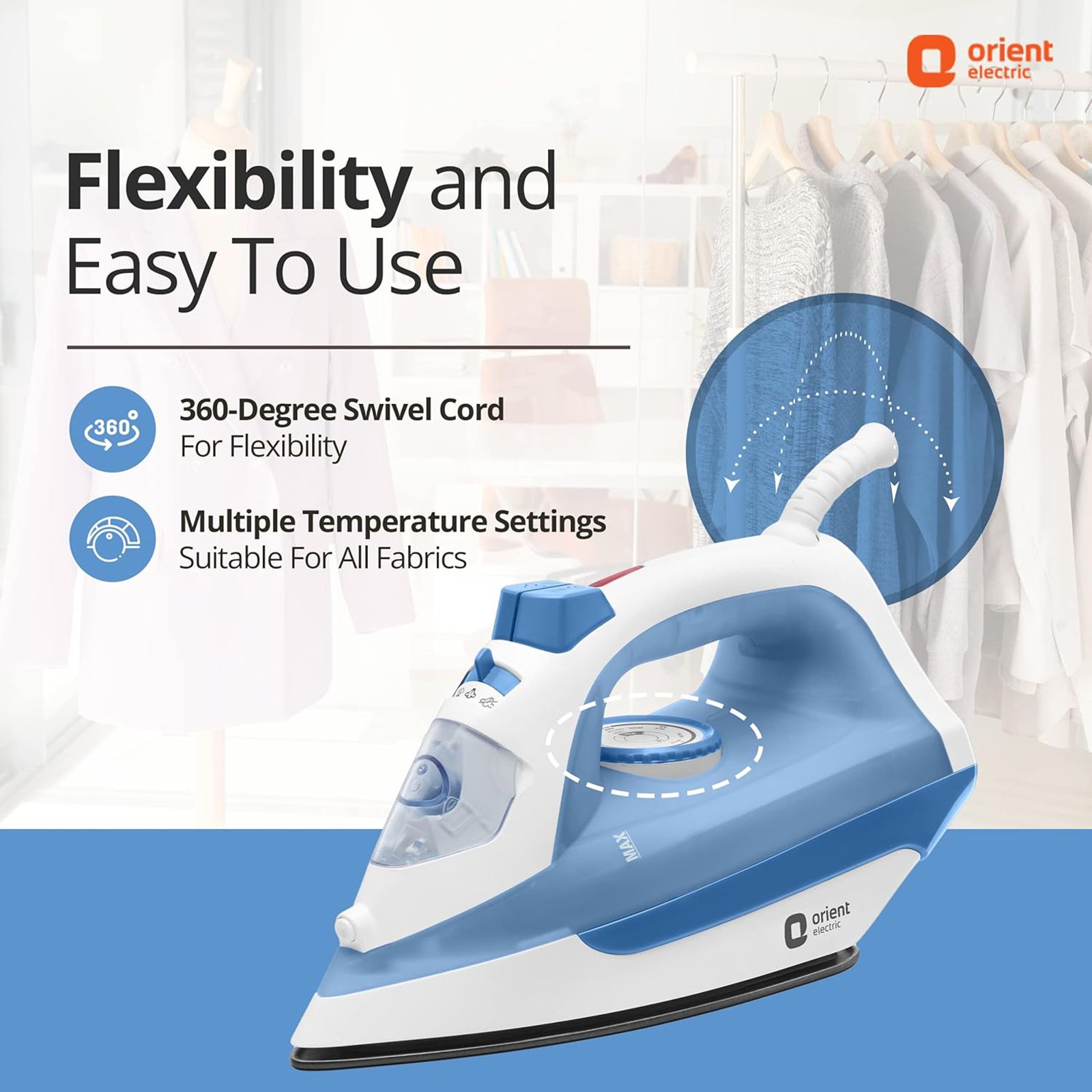 Orient FabriFeel 1600 Watts 230ml Steam Iron (Temperature Control, White & Blue)_8