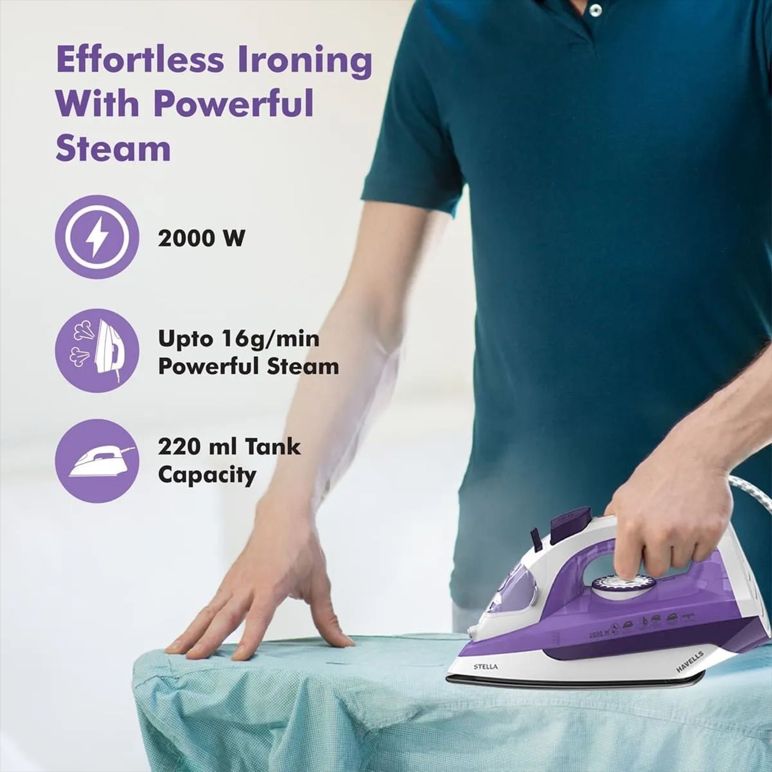 HAVELLS Stella 2000 Watts 220ml Steam Iron (Vertical & Horizontal Steam Burst, Purple)_7