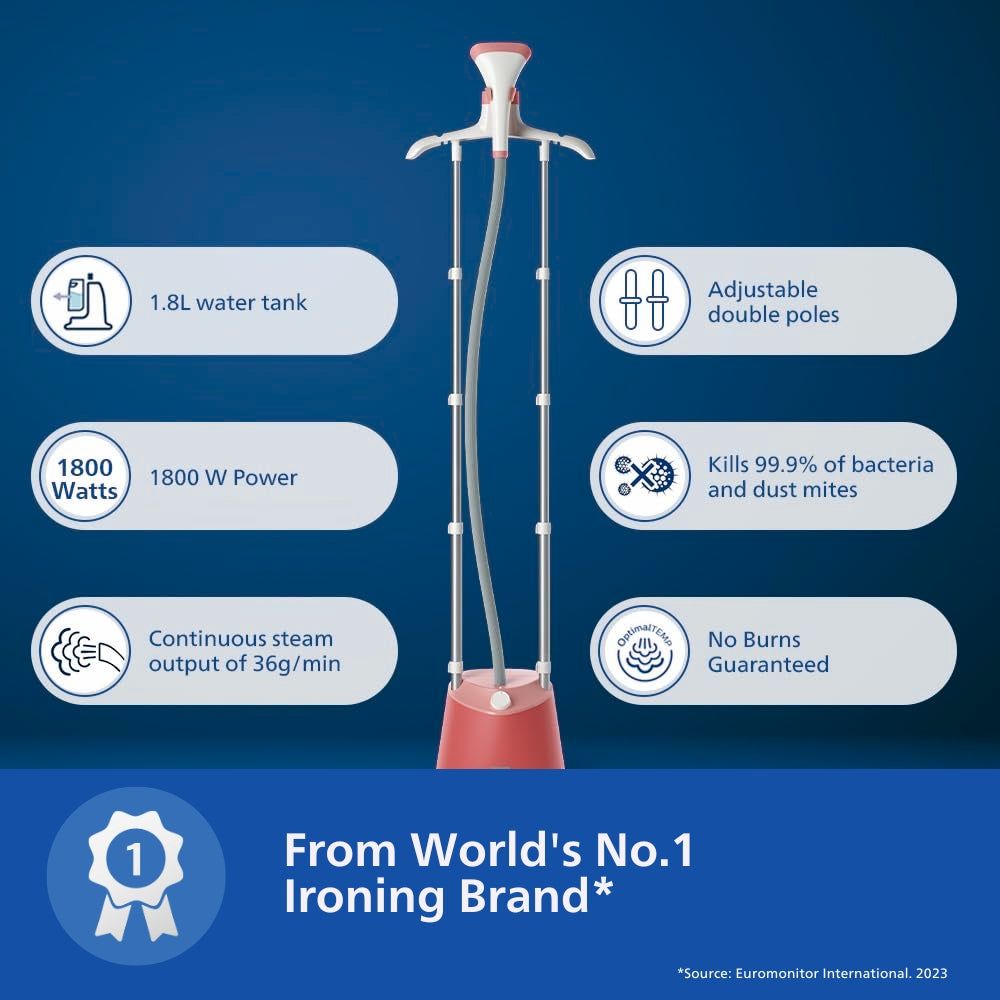 PHILIPS STE1020/40 1800 Watts Standing Garment Steamer (1800ml Water Tank, 3 Modes, Adjustable Double Poles, Soft Red) PHILIPS STE1020/40 1800 Watts Standing Garment Steamer (1800ml Water Tank, 3 Modes, Adjustable Double Poles, Soft Red)_2