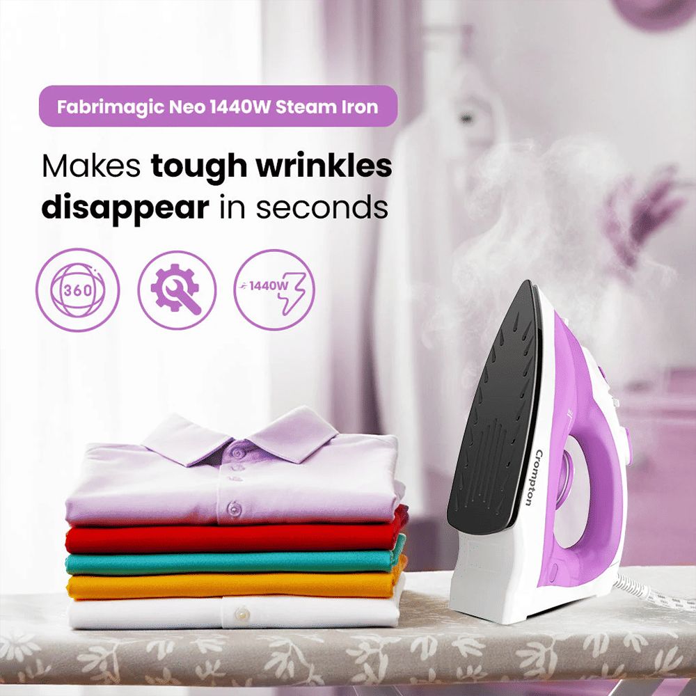 Crompton FabriMagic Neo 1440 Watts 200ml Steam Iron (6 Fabric Settings, White & Pink)_7