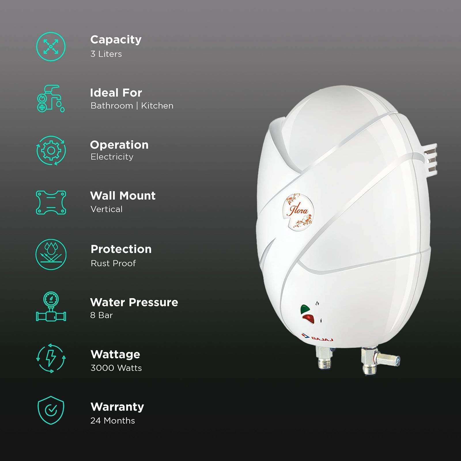 BAJAJ Flora 3 Litre 4 Star Vertical Instant Geyser with Swirl Flow Technology (White)_3