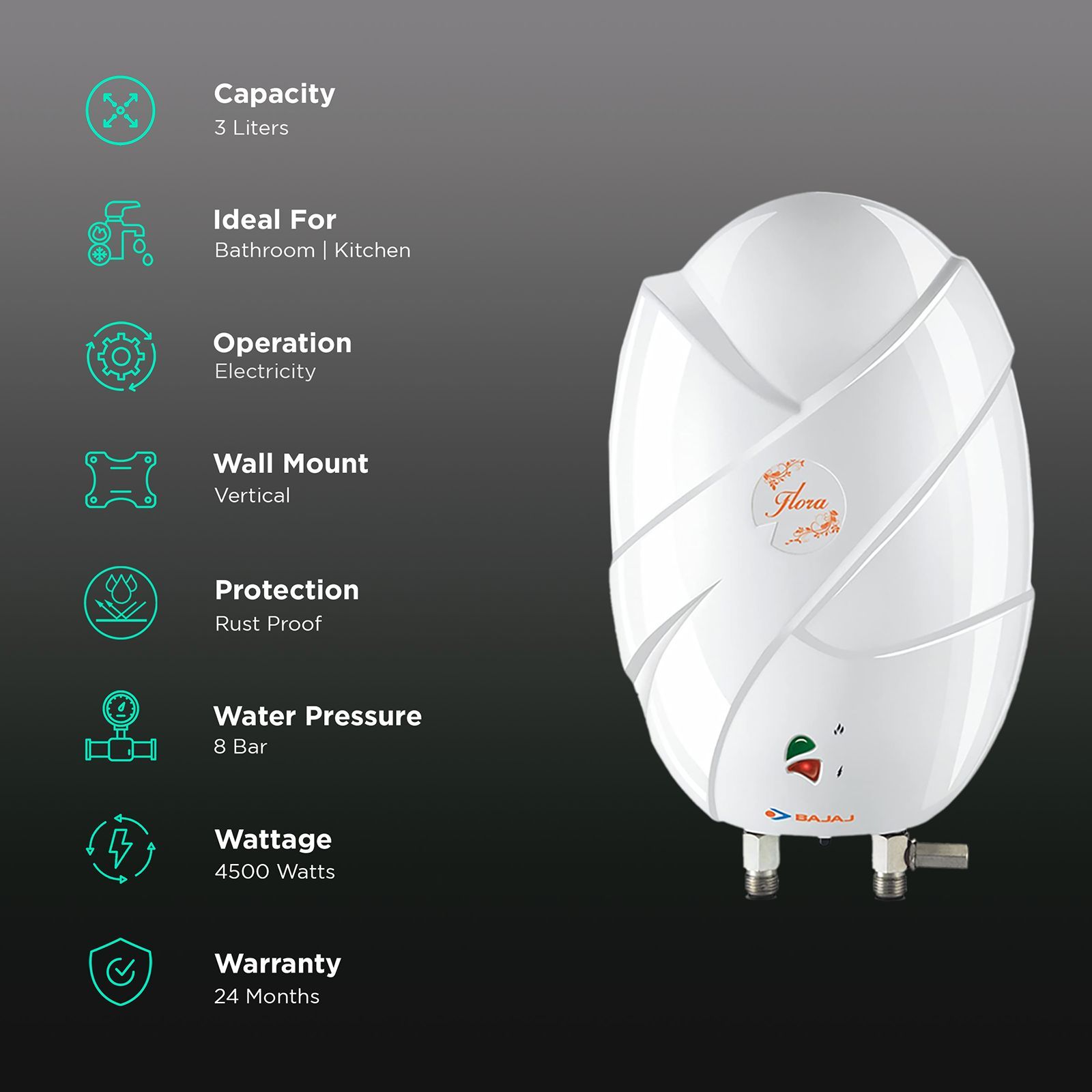 BAJAJ Flora 3 Litres Instant Water Geyser (4500 Watts, White) BAJAJ Flora 3 Litres Instant Water Geyser (4500 Watts, White)_3