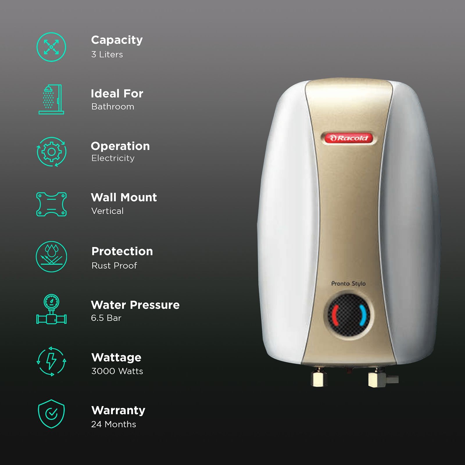 Racold Pronto Stylo 3 Litre 5 Star Vertical Instant Geyser with Anti-Syphon System (Golden & Grey) Racold Pronto Stylo 3 Litre 5 Star Vertical Instant Geyser with Anti-Syphon System (Golden & Grey)_3