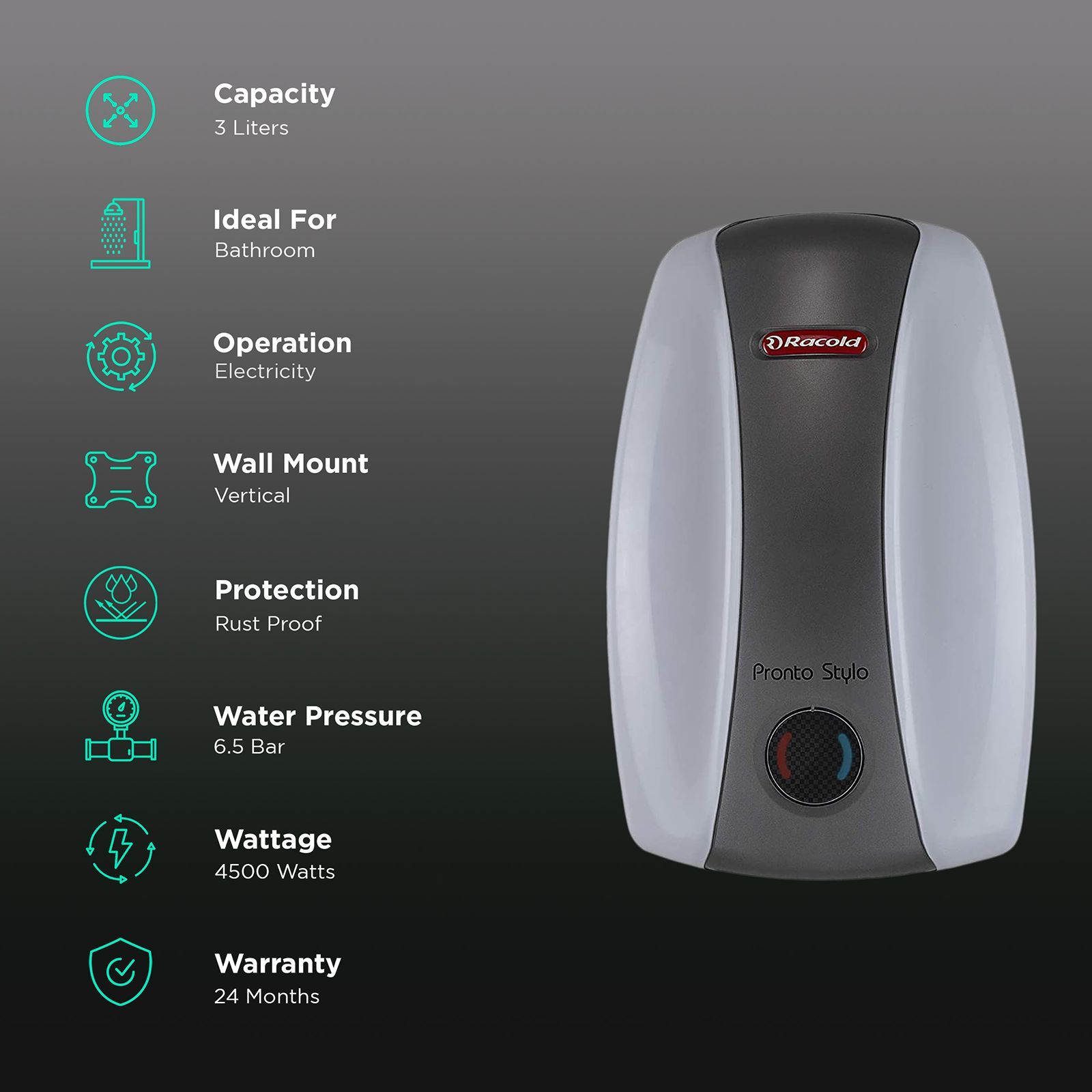 Racold Pronto Stylo 3 Litres Instant Water Geyser (4500 Watts, White)_3