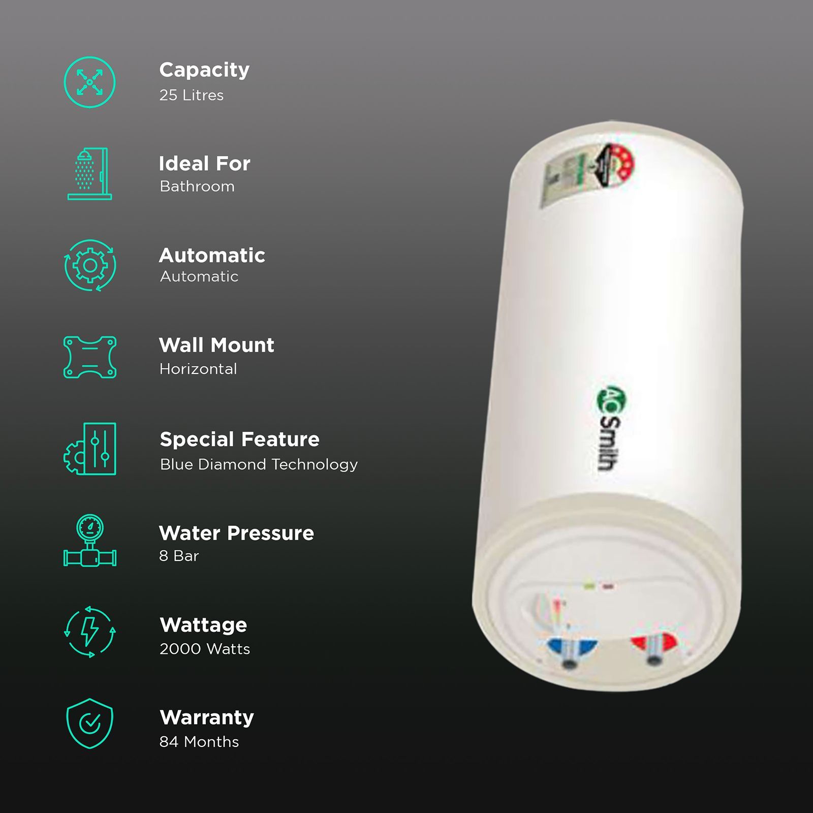 AO Smith HSE-HAS 25 Litre 4 Star Horizontal Storage Geyser with Blue Diamond Technology (White)_3