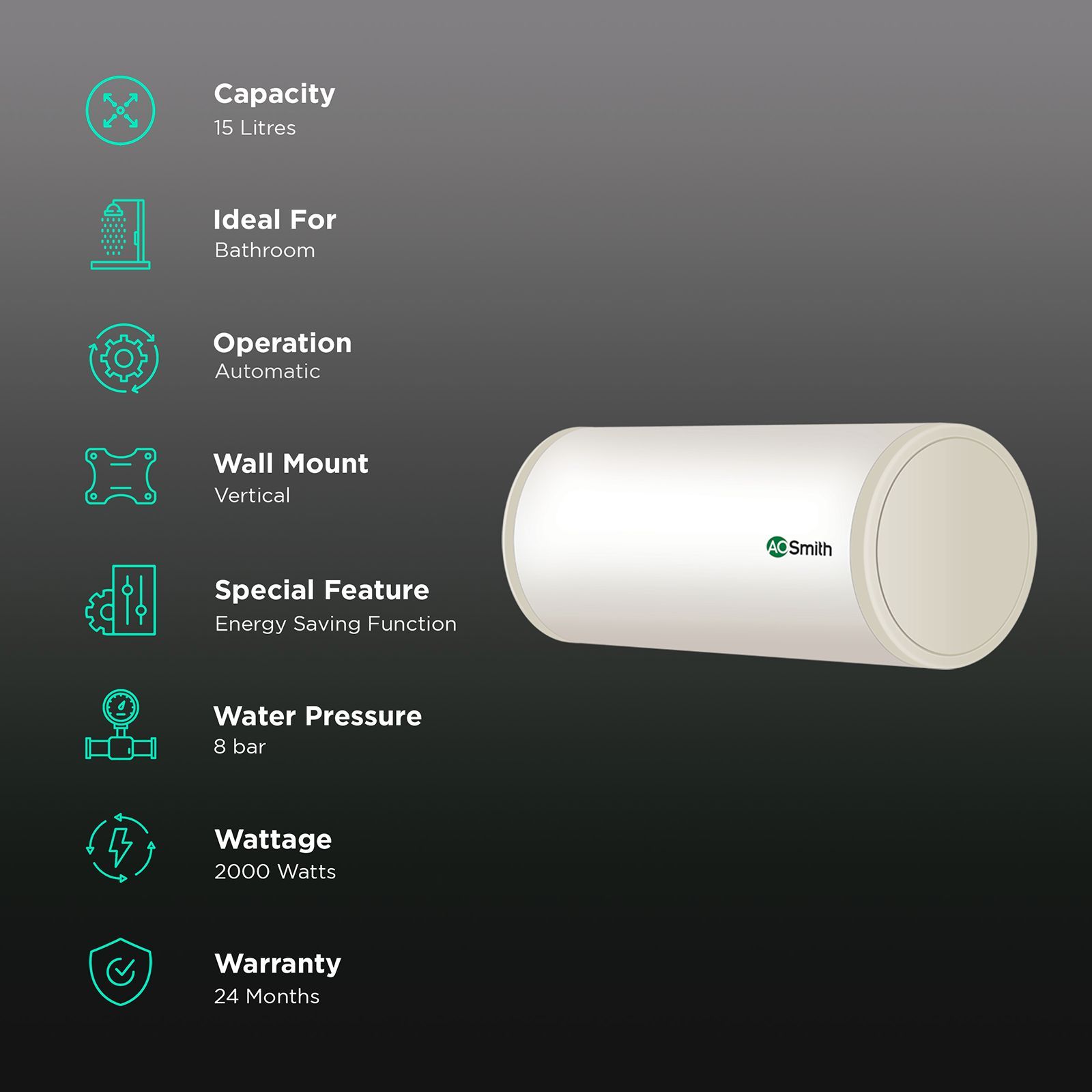 AO Smith HAS 15 Litre 3 Star Horizontal Storage Geyser with Safety Valve (White)_3