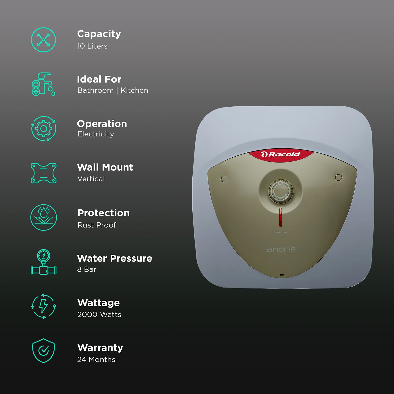 Racold Andris Lux Plus 10 Litres 4 Star Vertical Storage Water Geyser with Silver-ion Technology (White/Gold)_3