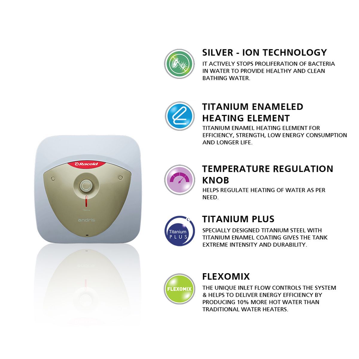 Racold Andris Lux Plus 10 Litres 4 Star Vertical Storage Water Geyser with Silver-ion Technology (White/Gold)_6