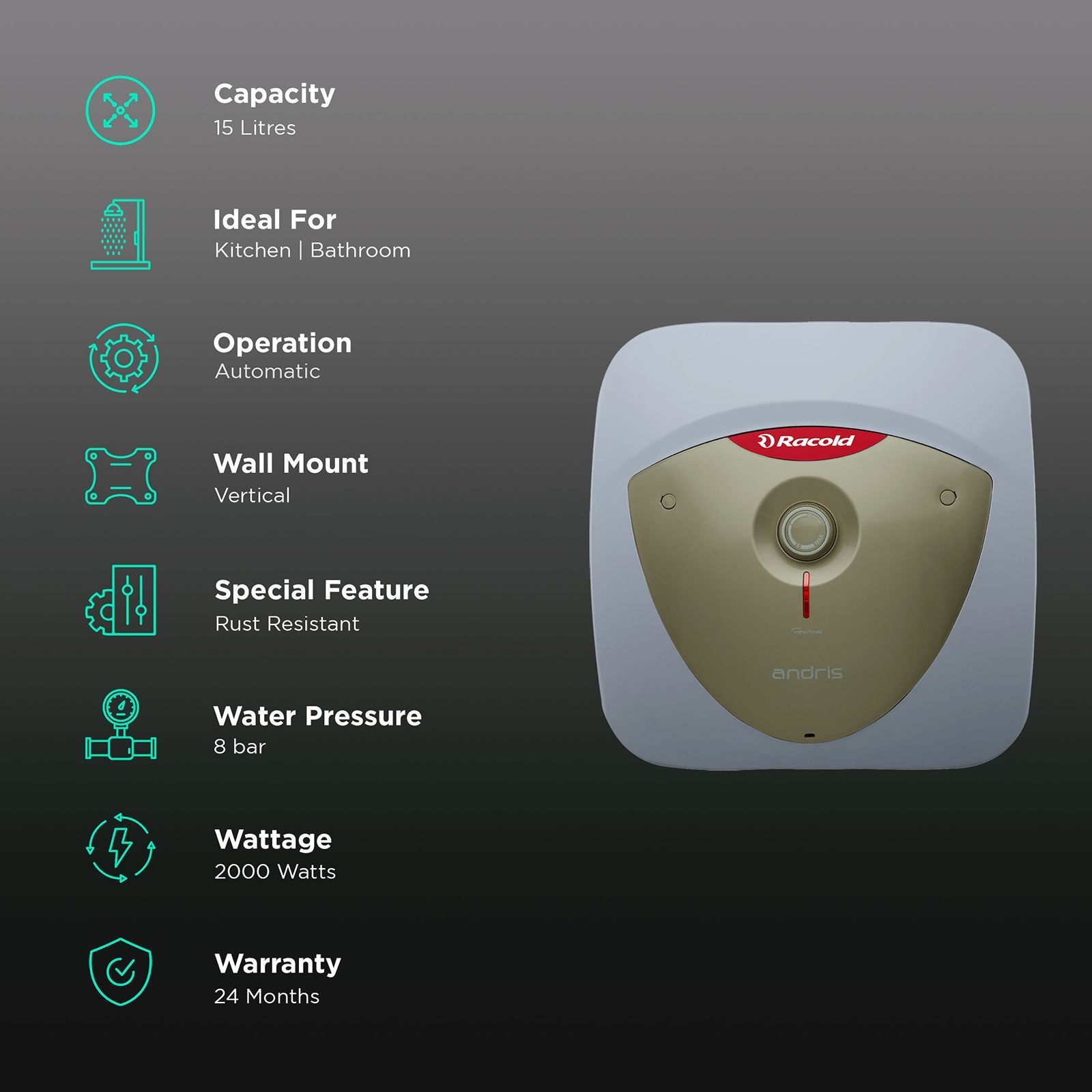 Racold Andris Lux Plus 15 Litre 5 Star Vertical Storage Geyser with Titanium Plus Technology (White & Gold)_3