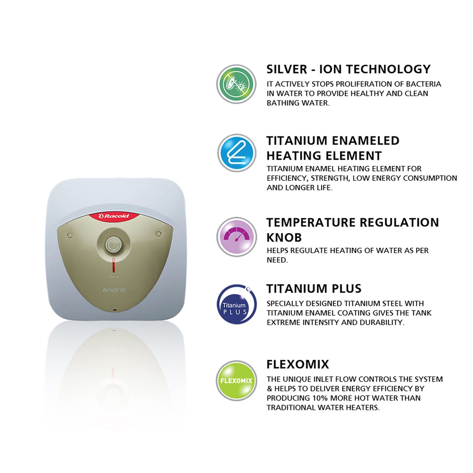 Racold Andris Lux Plus 15 Litre 5 Star Vertical Storage Geyser with Titanium Plus Technology (White & Gold)_10