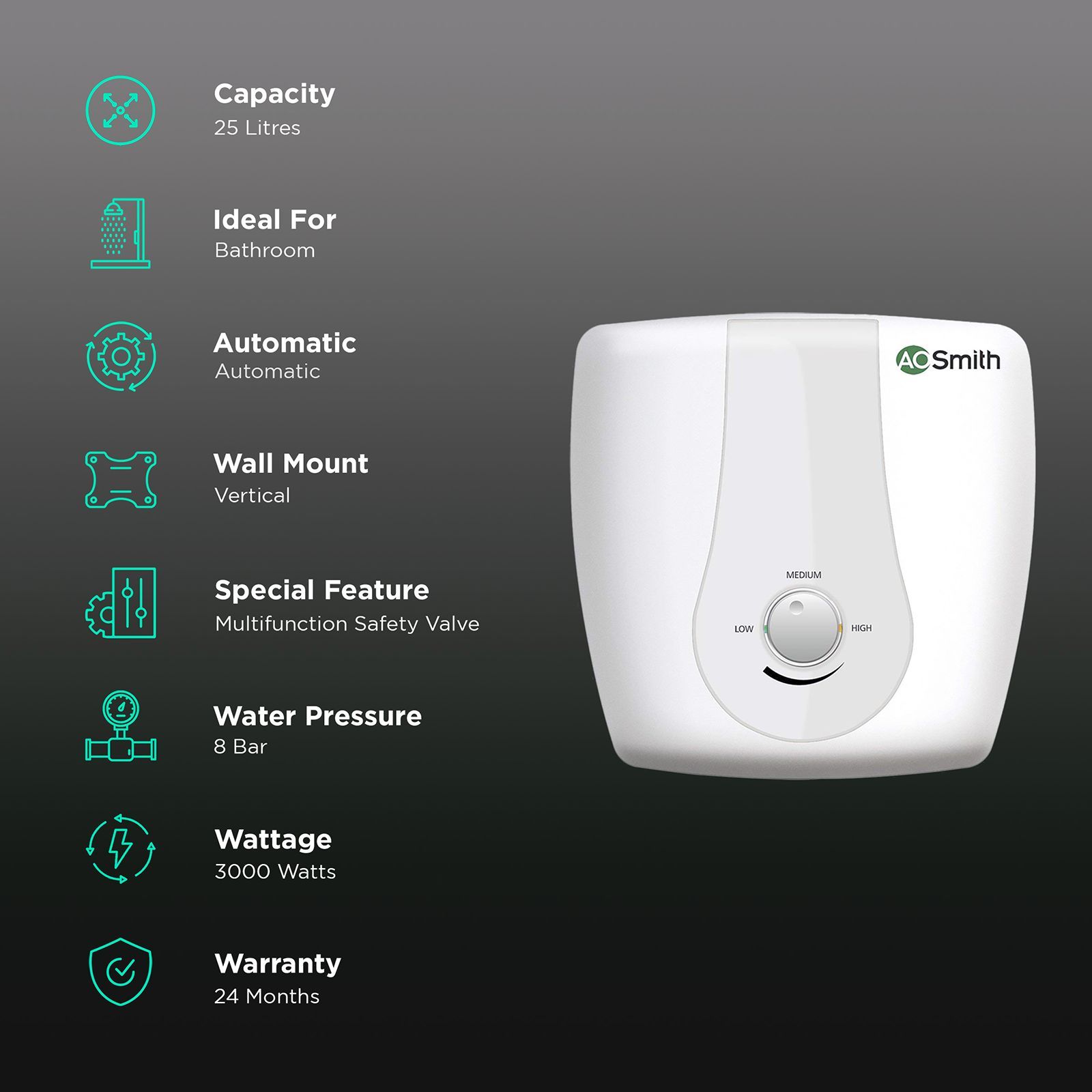 AO Smith HSE-SGS 25 Litre 4 Star Vertical Storage Geyser with Blue Diamond Technology (White)_3