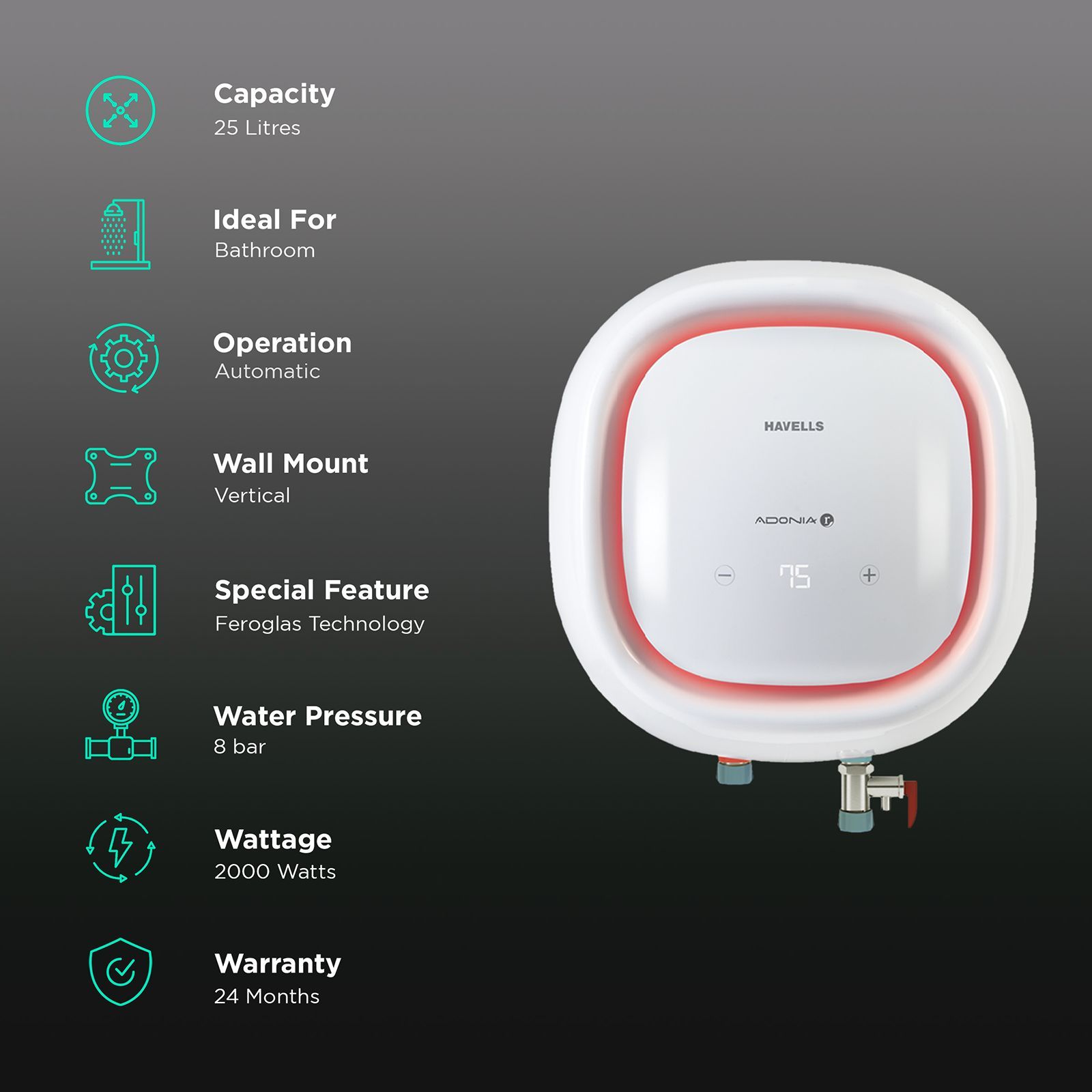HAVELLS Adonia R 25 Litre 5 Star Vertical Storage Geyser with Whirl Flow Technology (White) HAVELLS Adonia R 25 Litre 5 Star Vertical Storage Geyser with Whirl Flow Technology (White)_3