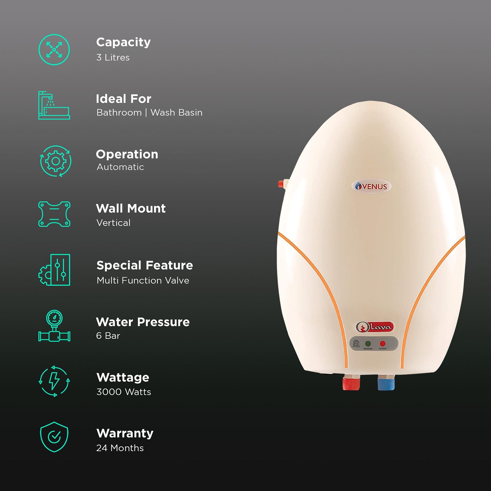 VENUS Lava 3 Litre 4 Star Vertical Instant Geyser with Multifunction Valve (Ivory) VENUS Lava 3 Litre 4 Star Vertical Instant Geyser with Multifunction Valve (Ivory)_3