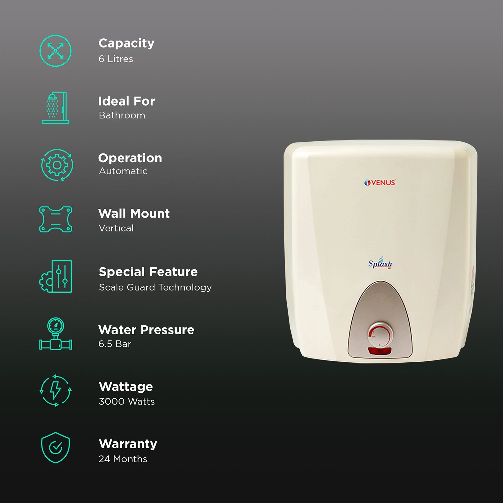 VENUS Splash 6 Litre 5 Star Vertical Storage Geyser with Scale Guard Technology (Honey Gold)_2