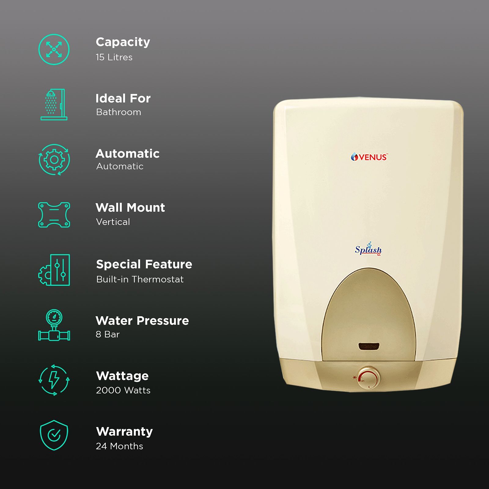 VENUS Splash 15 Litre 5 Star Vertical Storage Geyser with Scale Guard Technology (Honey Gold)_3