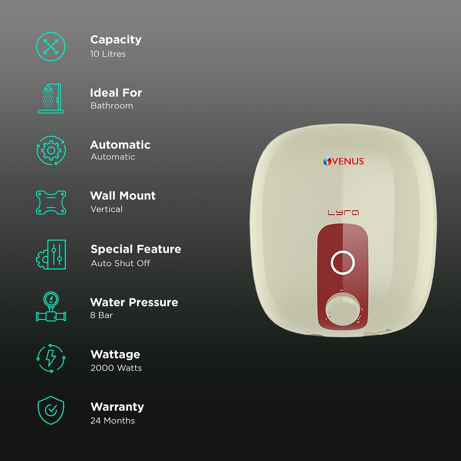 VENUS Lyra 10 Litre 5 Star Vertical Storage Geyser with Porcelain Enamel Technology (Ivory & Red)_3