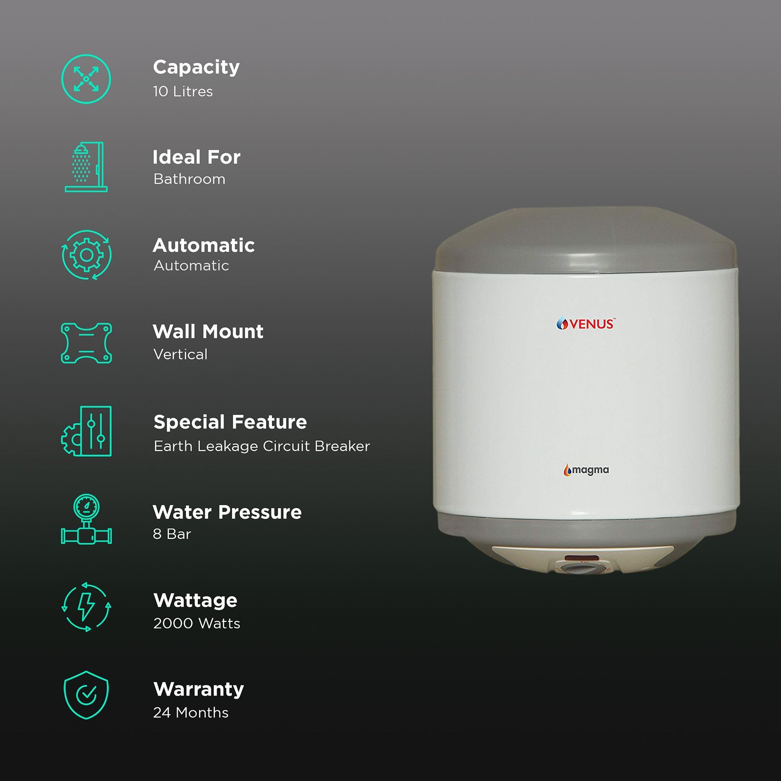 VENUS Magma 10 Litre 5 Star Vertical Storage Geyser with Automated Plant European Technology (White)_3