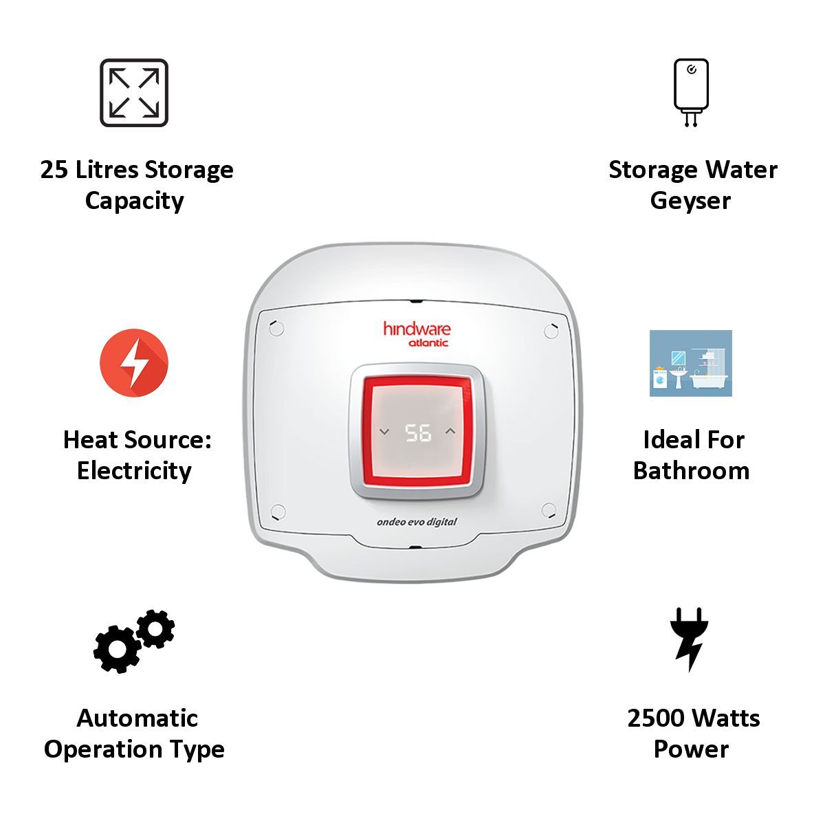 Hindware Atlantic Ondeo Evo 25 Litres 5 Star Storage Water Geyser (2500 Watts, SWH 25A-2D, White)_3