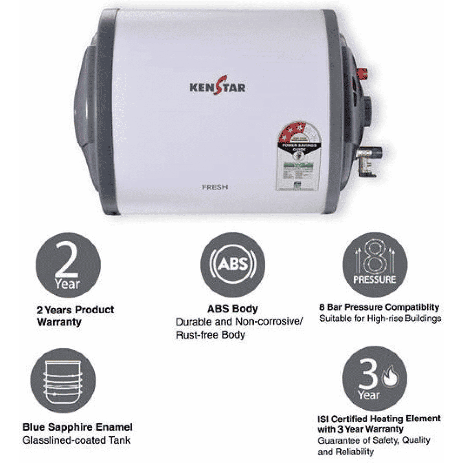 KENSTAR Fresh 10 Litres 3 Star Horizontal Storage Water Geyser with Built-in Thermostat (White/Grey)_6