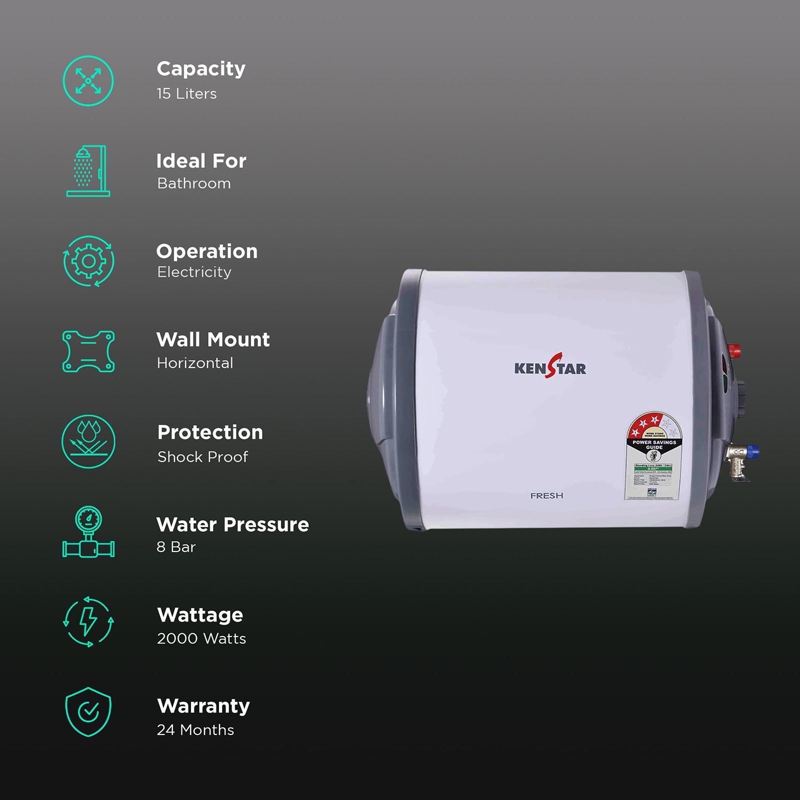 KENSTAR Fresh 15 Litres 3 Star Horizontal Storage Water Geyser with Built-in Thermostat (White/Grey)_3