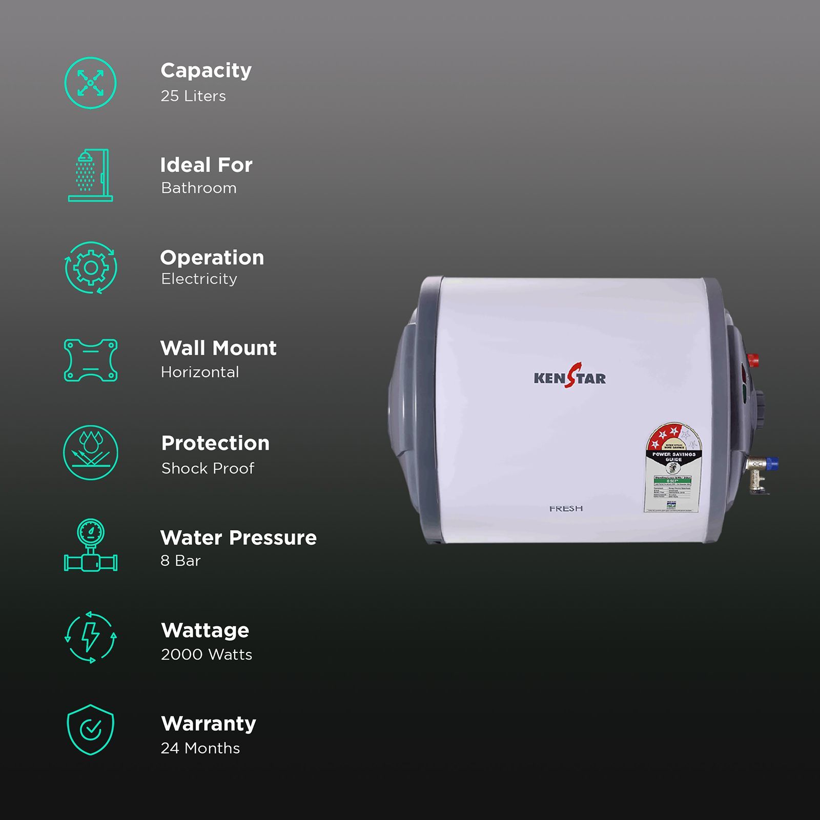 KENSTAR Fresh 25 Litres 3 Star Horizontal Storage Water Geyser with Pressure Release Valve (White/Grey)_3