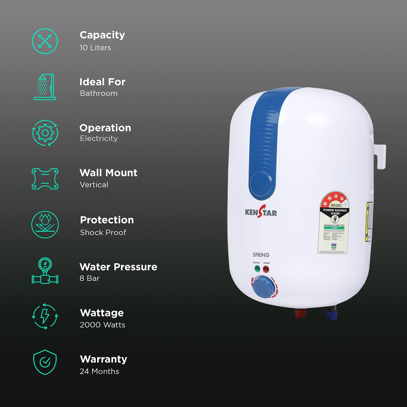 KENSTAR Spring 10 Litres 4 Star Vertical Storage Water Geyser with 8 Bar (White/Blue)_3